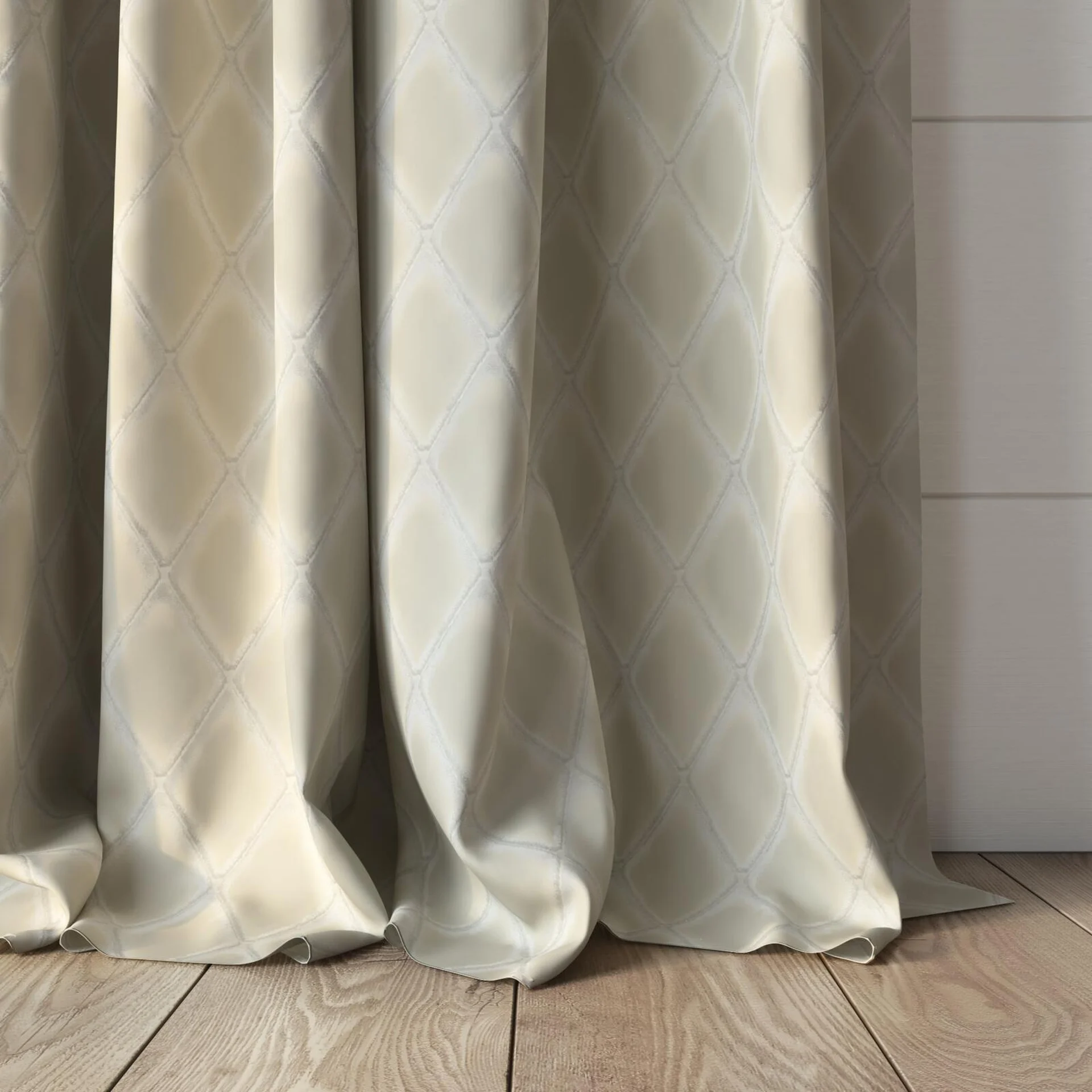 Bottom view of Pantheon Angora, puddled, on curtain rod
