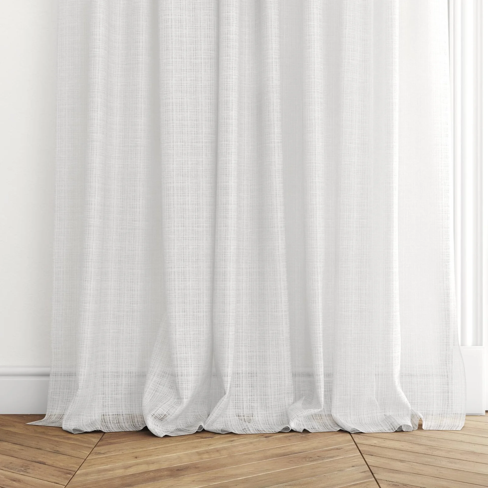 Bottom view of Scandinese Ricepaper, puddled with pinch pleat, on curtain rod