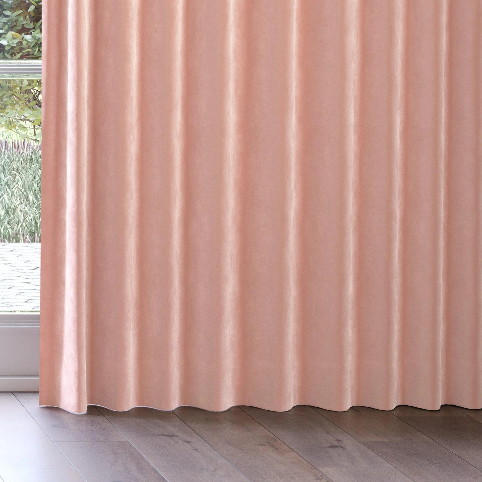 Bottom view of Lux Velvet Pink 8506, on curtain rail
