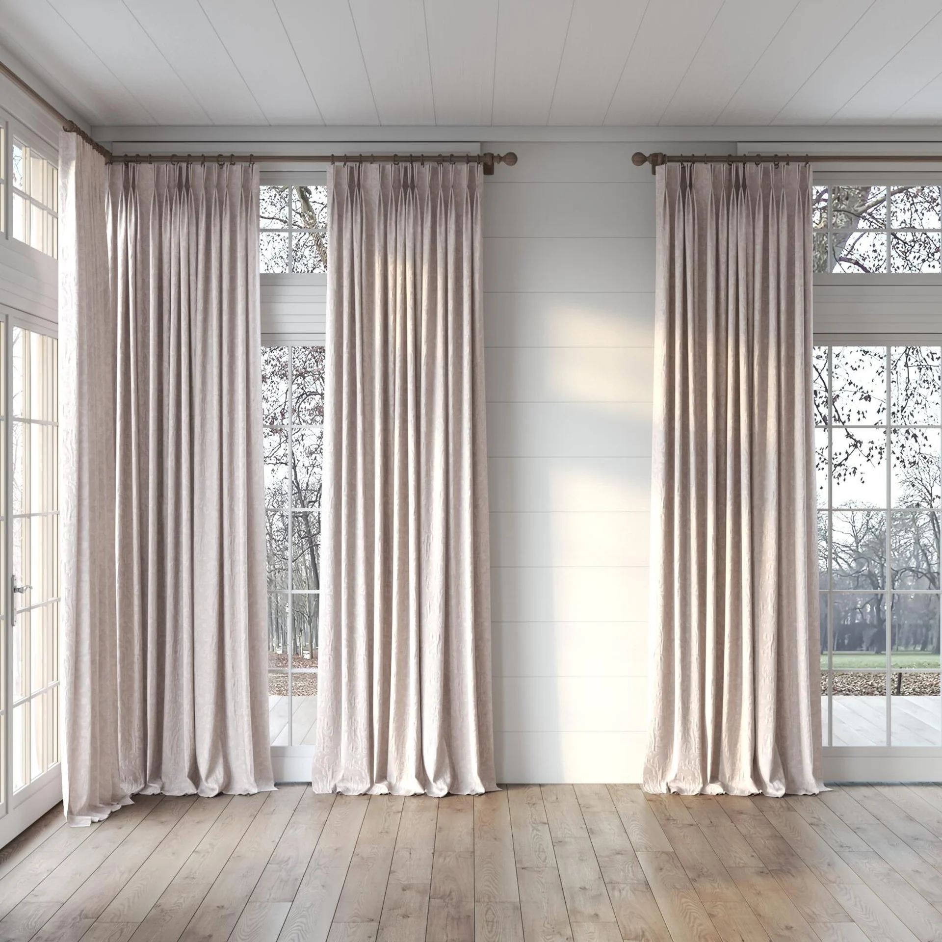 Full view of Juleste Parma, puddled, on curtain rod