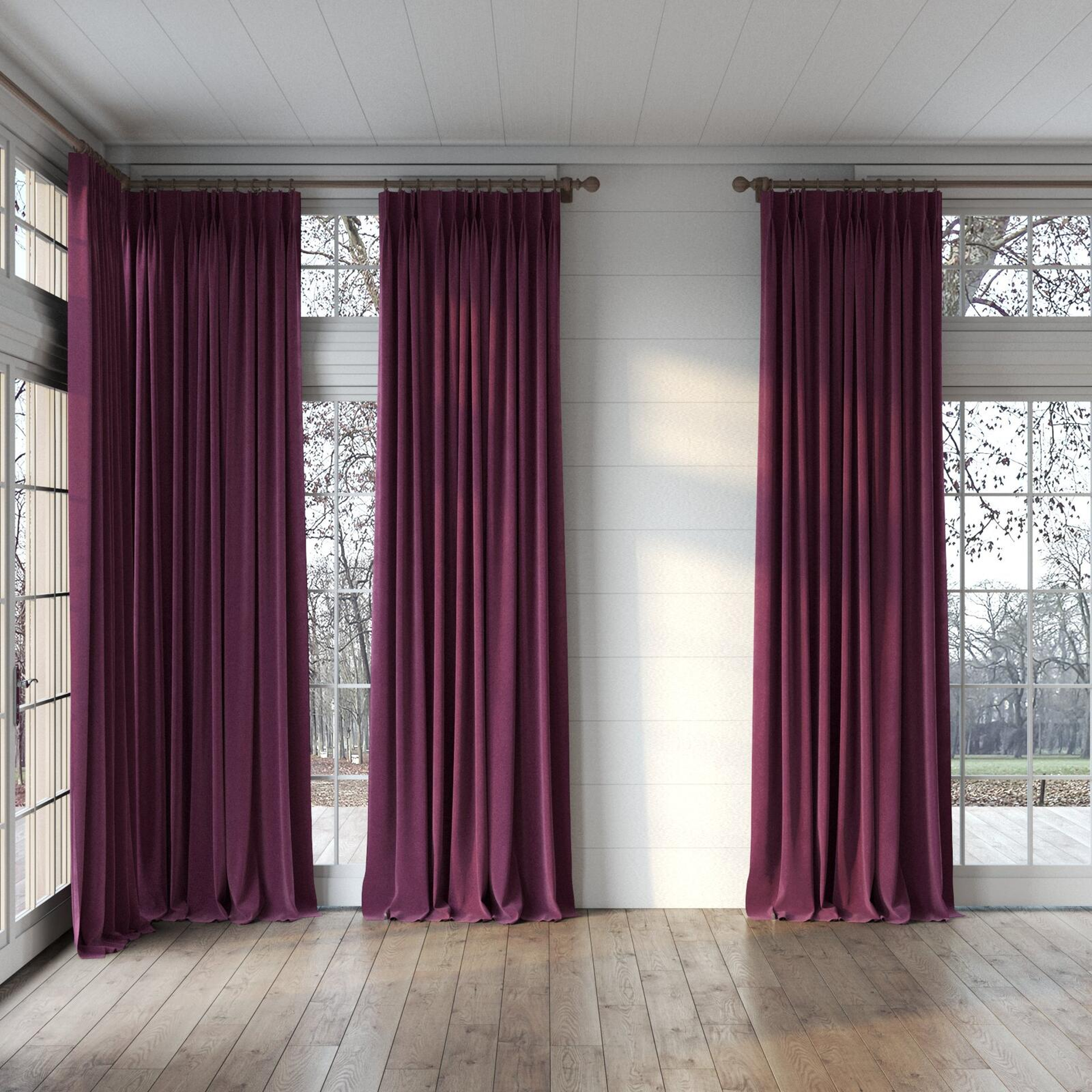 Full view of Moon Aubergine, puddled, on curtain rod