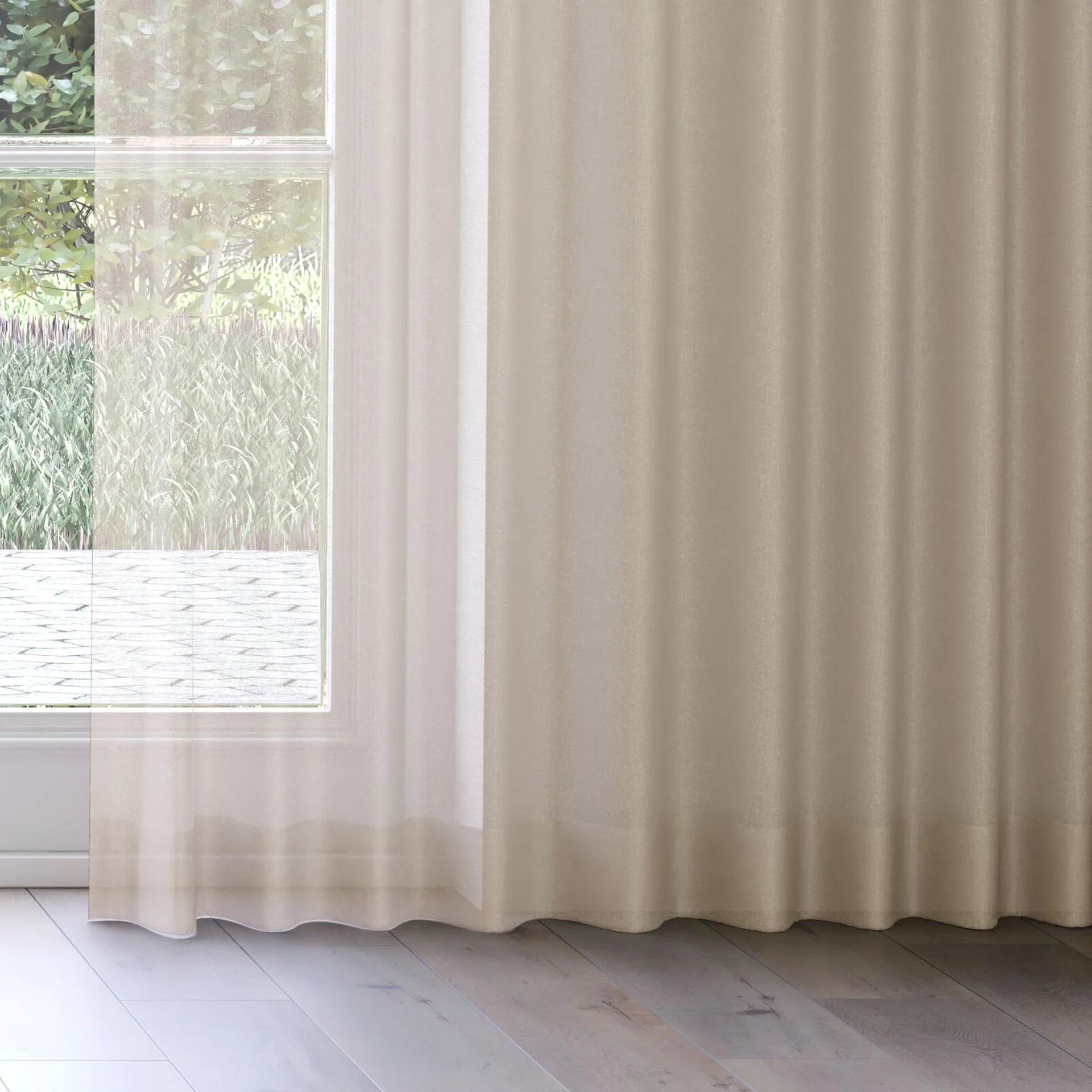 Bottom view of Reverie Linen, on curtain rail