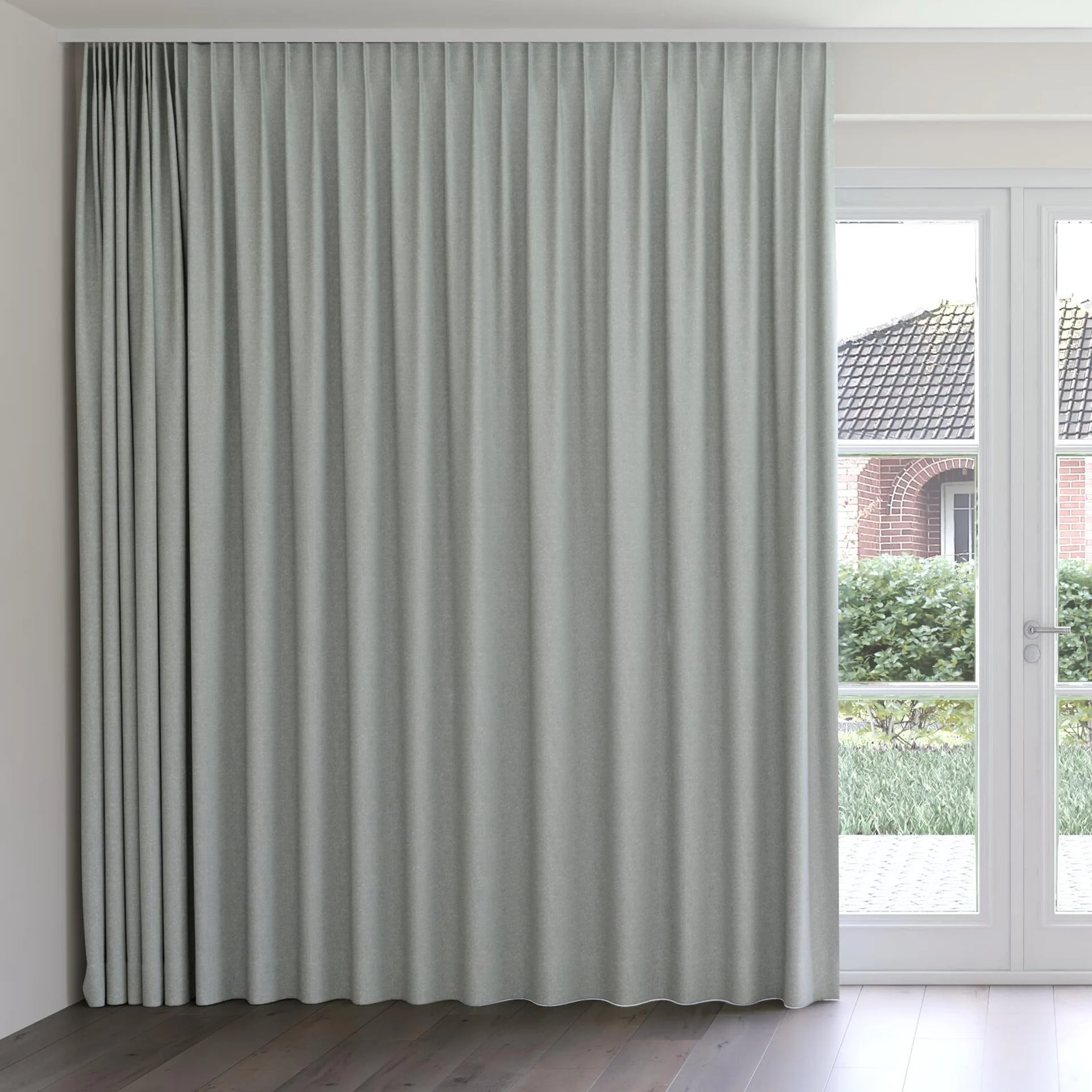 Front view of Laurel FR Blackout Murmur, on curtain rail