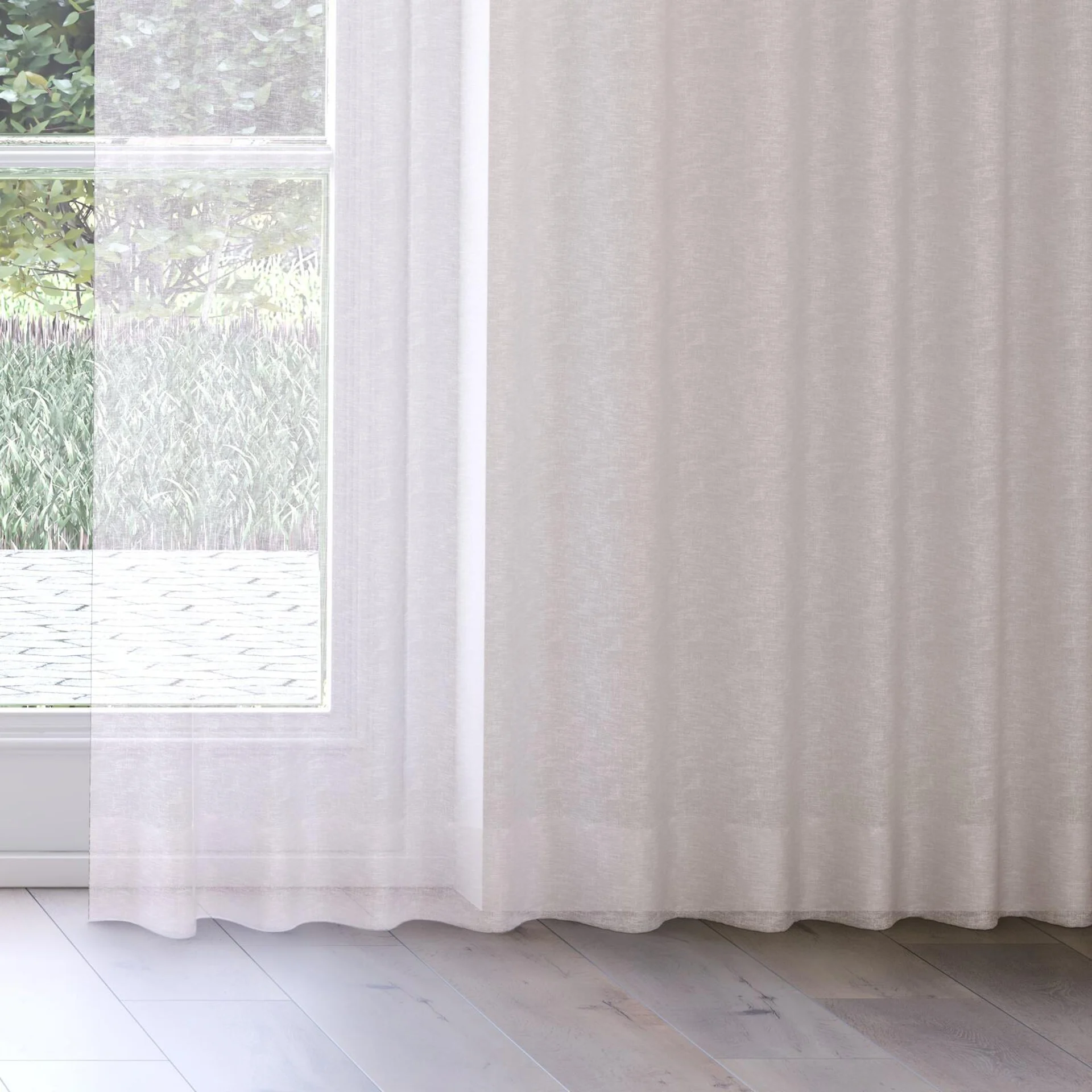 Bottom view of Seaview Blush, on curtain rail