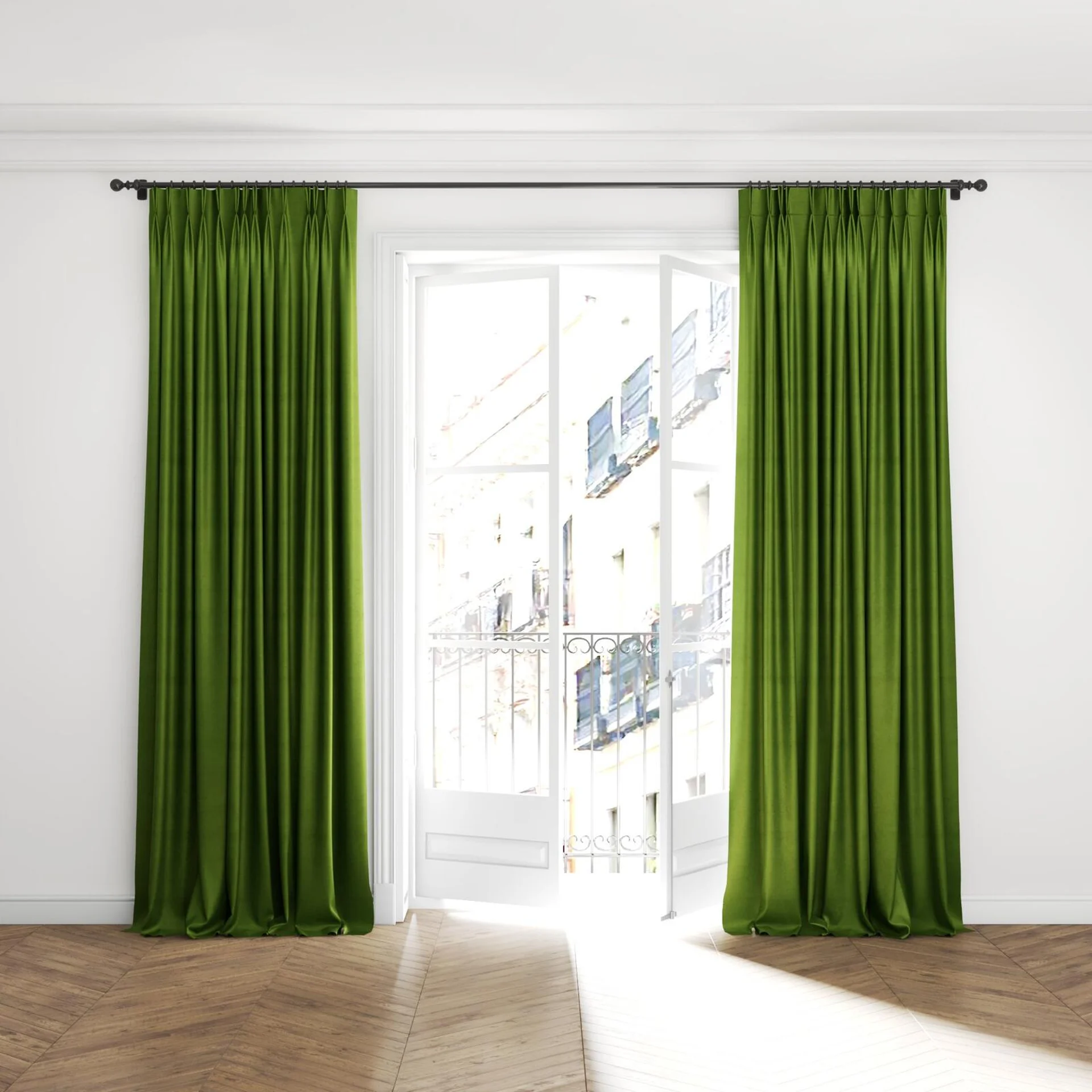 Full view of Baron Kiwi, puddled with pinch pleat, on curtain rod
