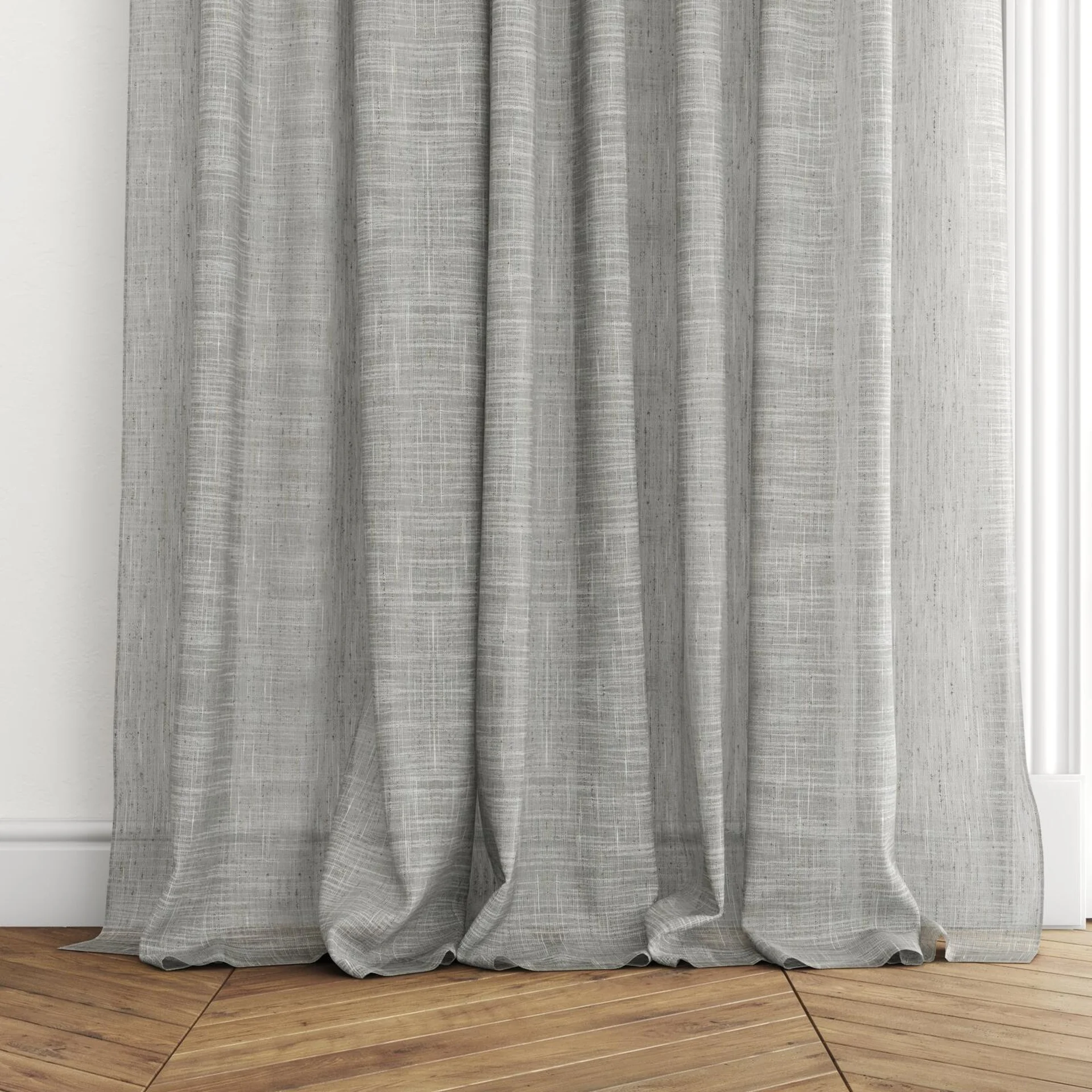Bottom view of Zip Shadow, puddled with pinch pleat, on curtain rod
