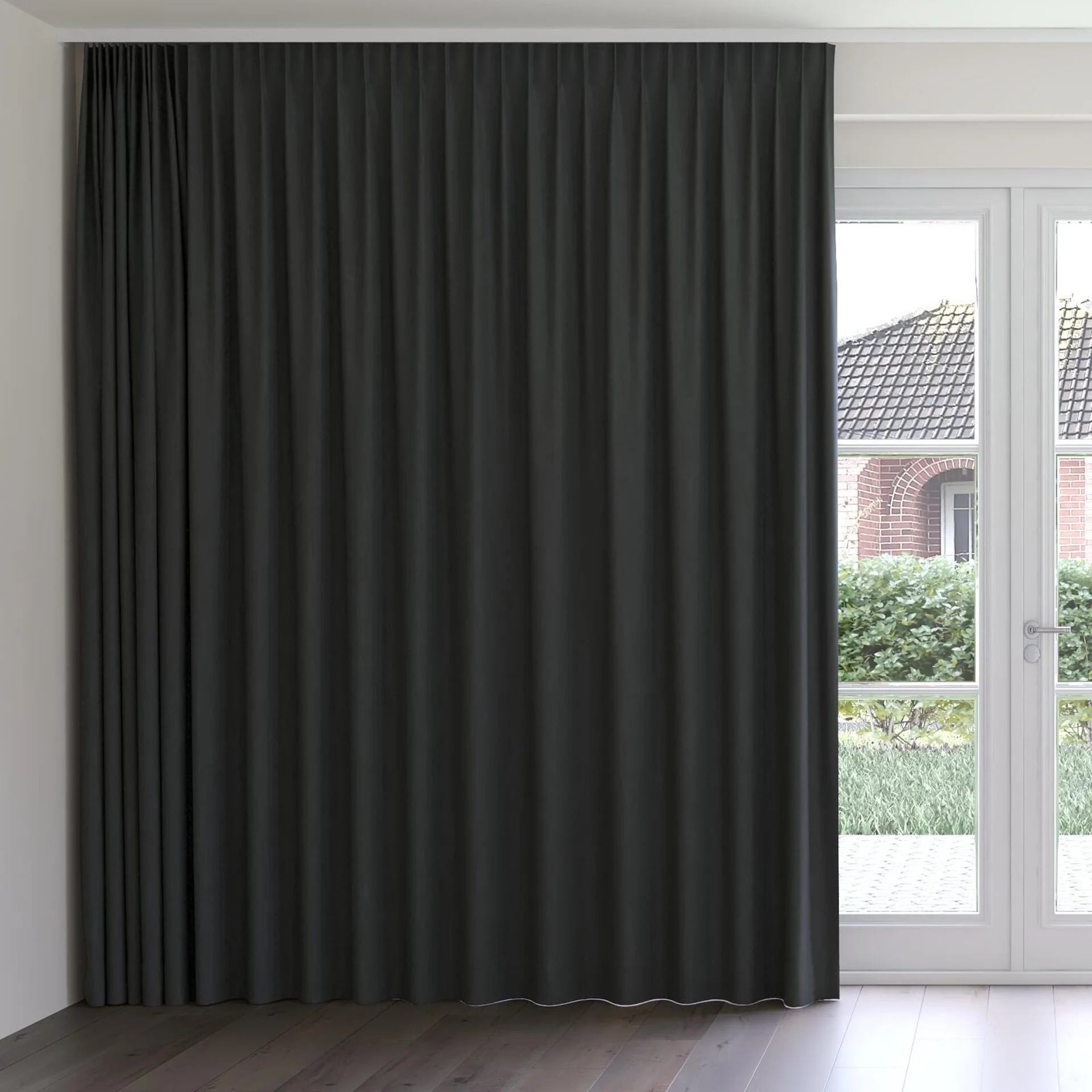 Front view of Retreat II Midnight, on curtain rail