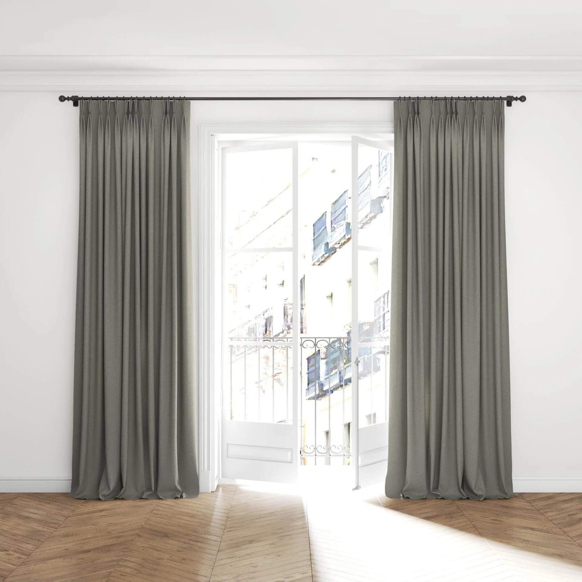Full view of Retreat II Blue Charcoal, puddled with pinch pleat, on curtain rod