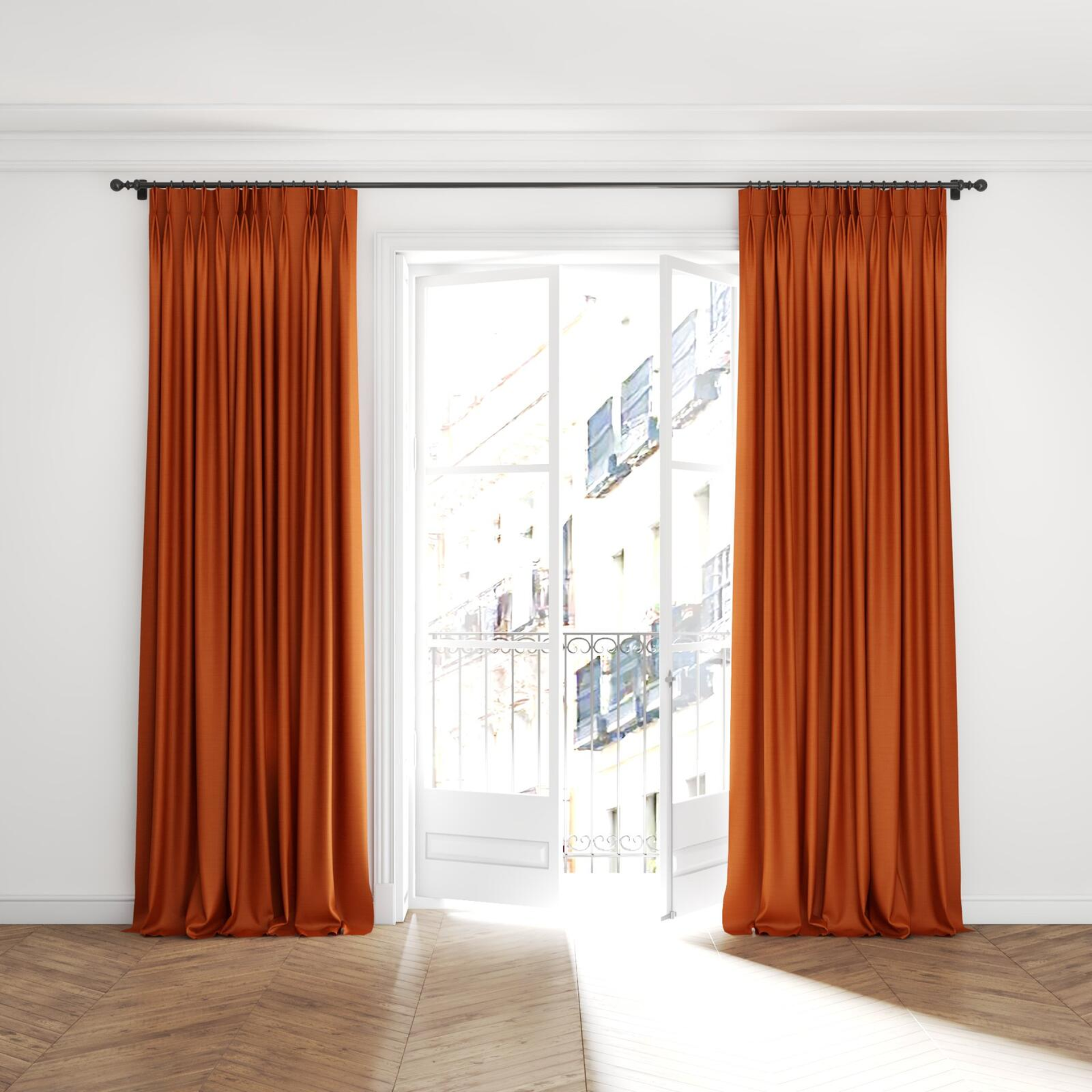 Full view of Linex Sienna, puddled with pinch pleat, on curtain rod