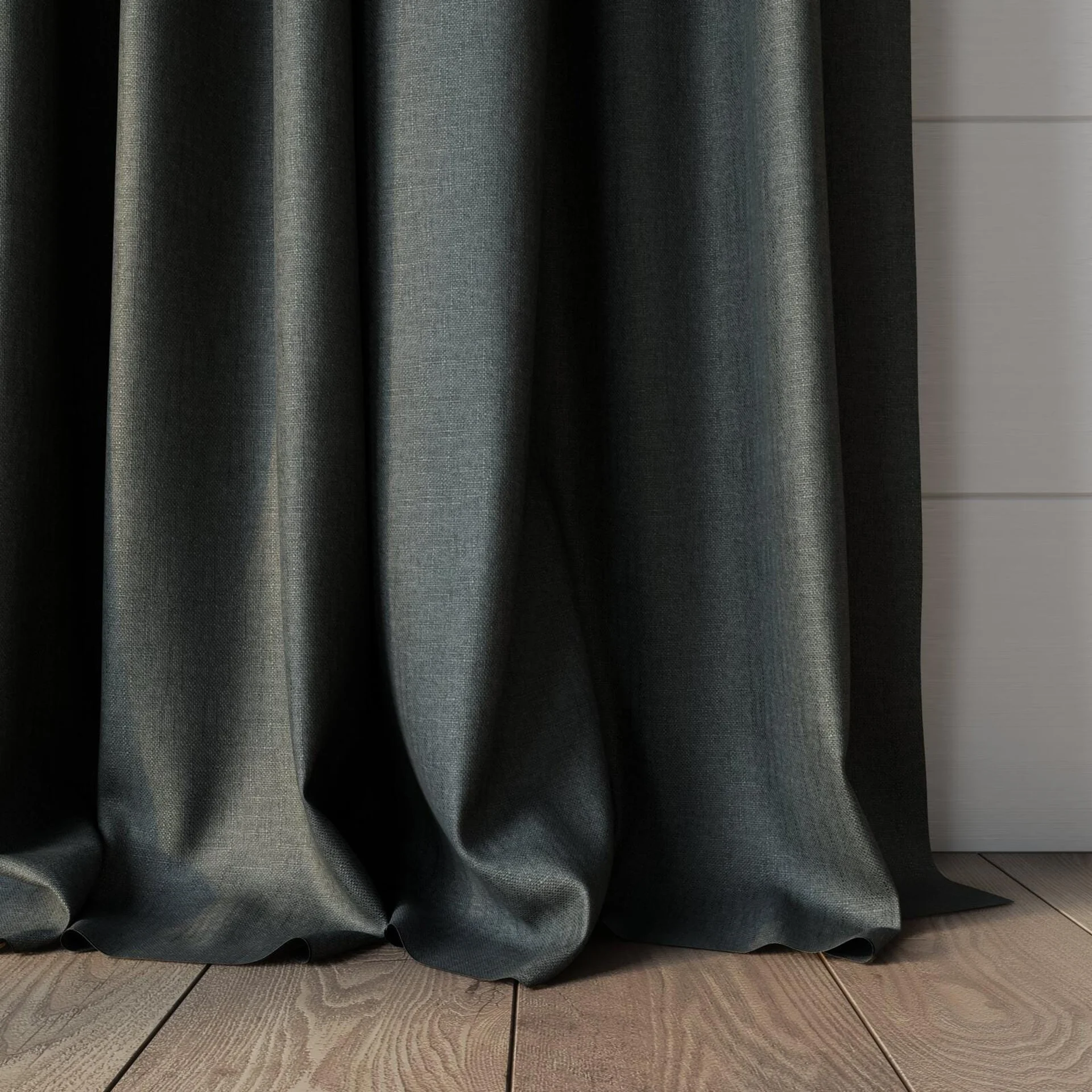 Bottom view of Retreat Blackout Charcoal, puddled, on curtain rod