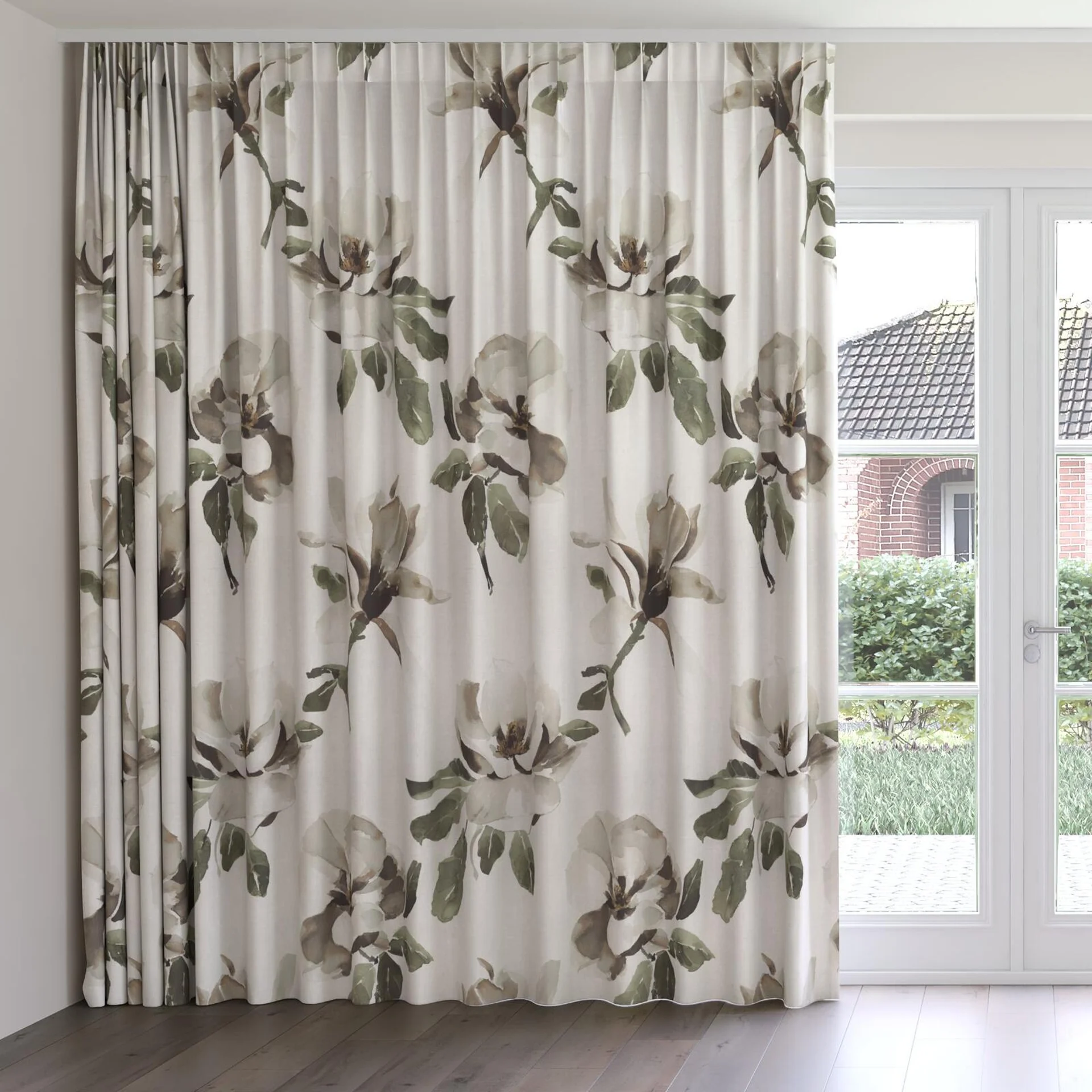 Front view of Magnolia Grandiflora Clove, on curtain rail