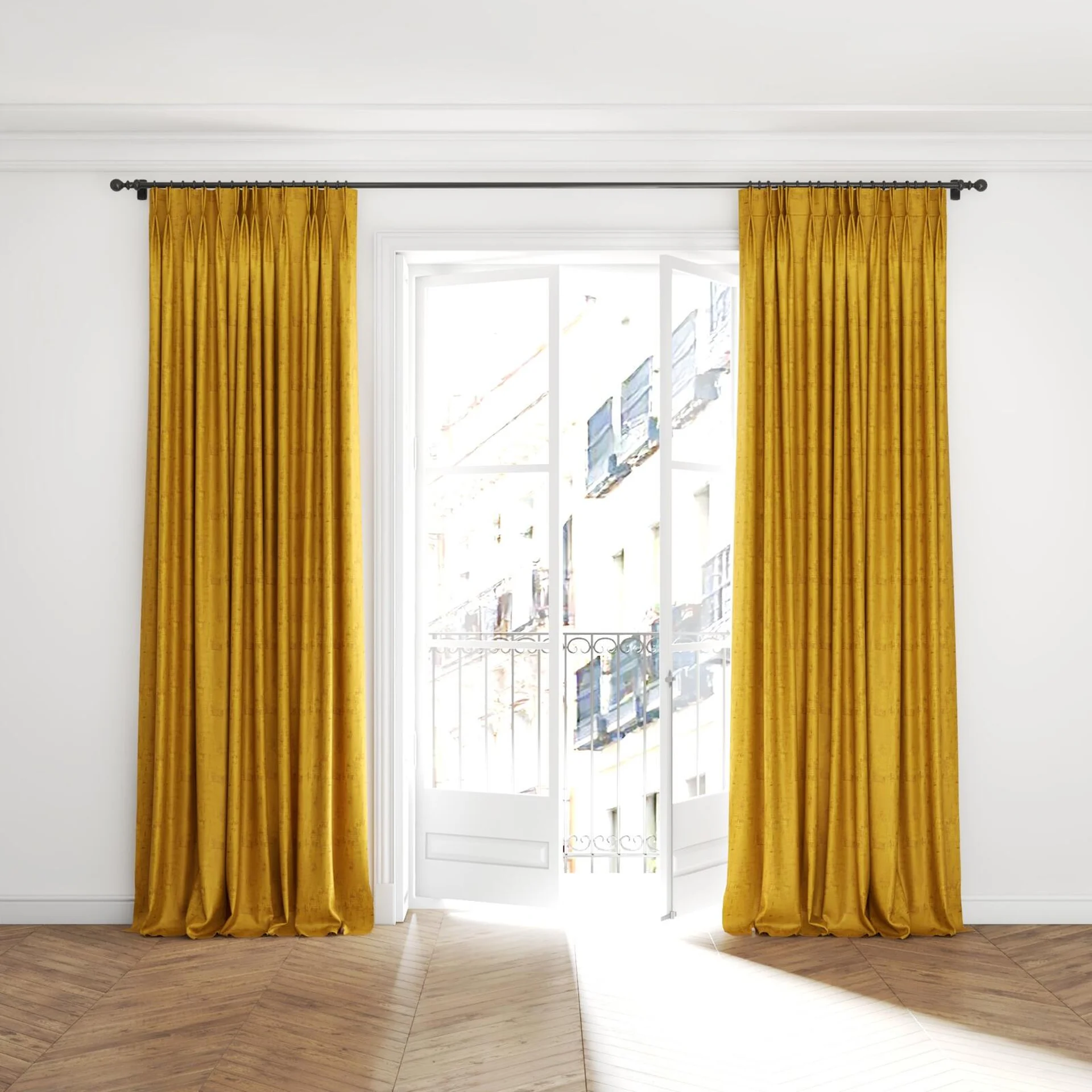 Full view of Gloria Sunflower, puddled with pinch pleat, on curtain rod