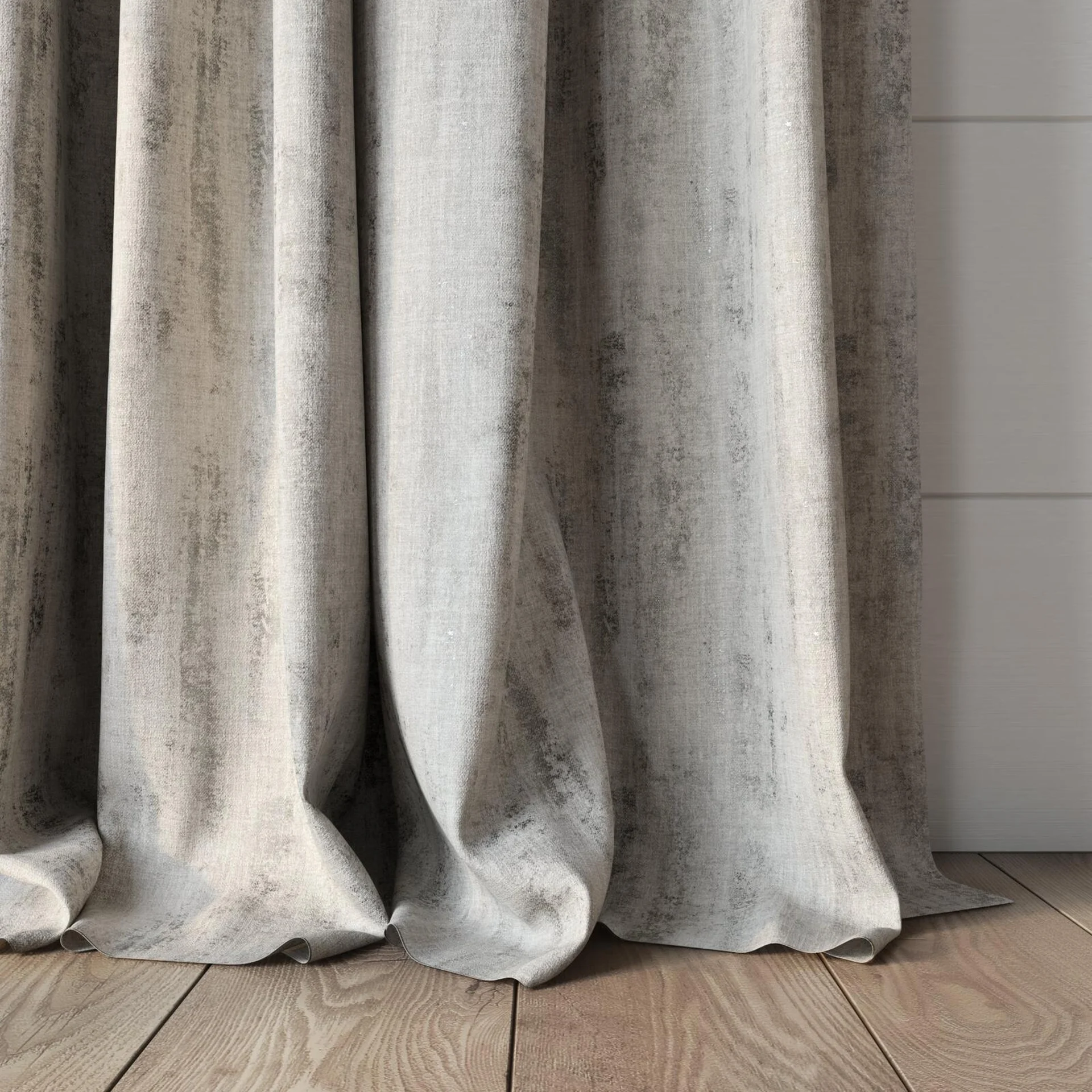Bottom view of Distinguished Mist, puddled, on curtain rod