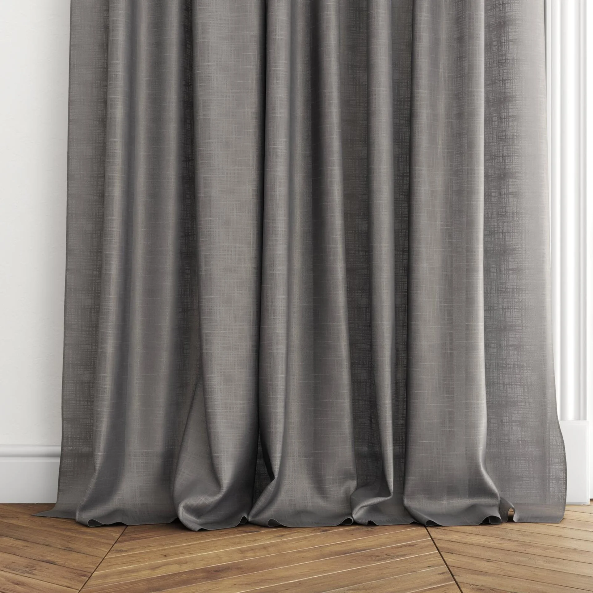 Bottom view of Charanga Ash, puddled with pinch pleat, on curtain rod