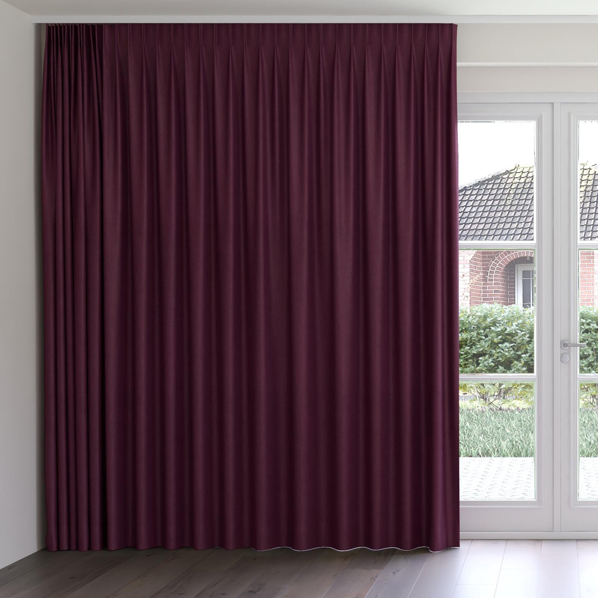 Front view of Moon Aubergine, on curtain rail
