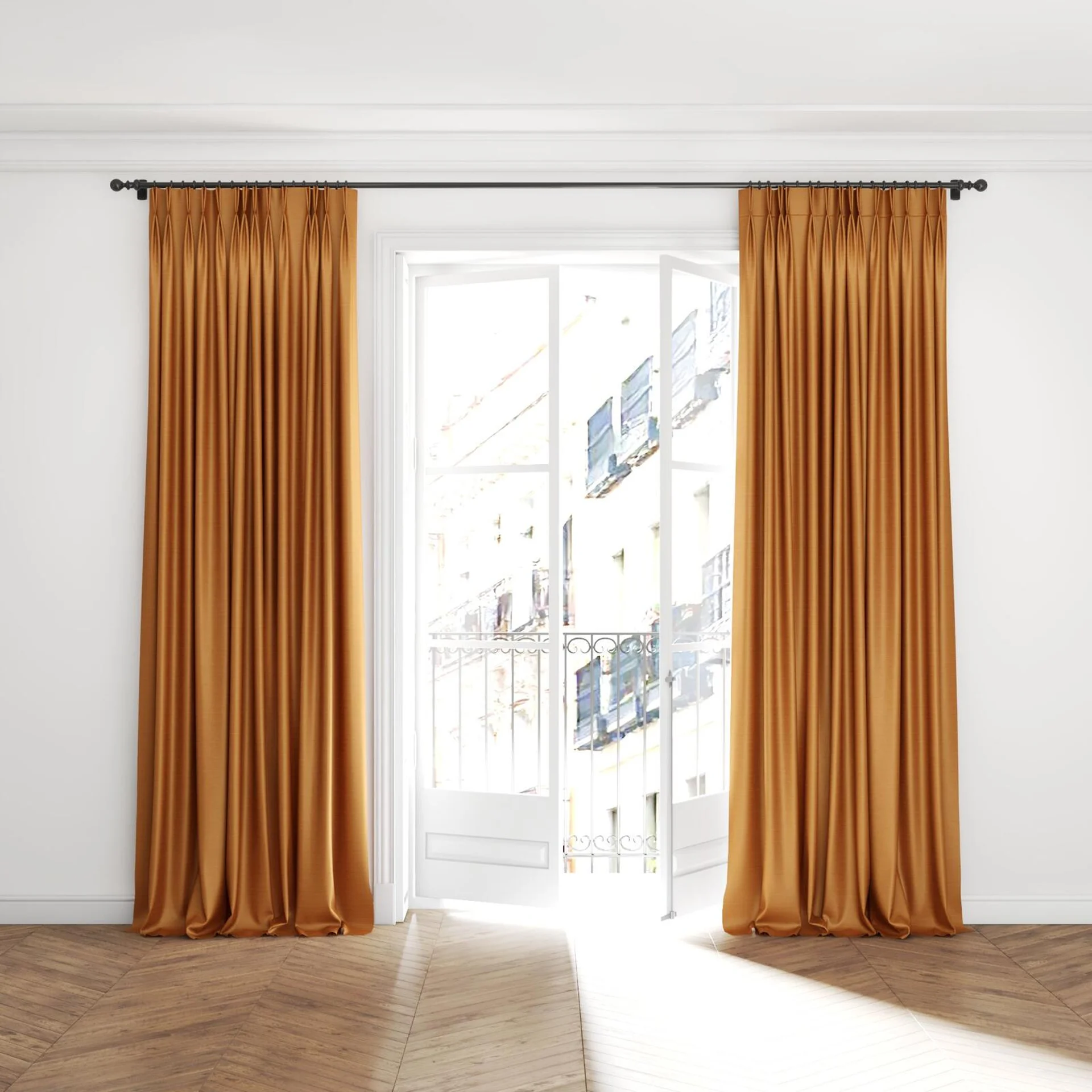 Full view of Silky Silky Terracotta, puddled with pinch pleat, on curtain rod