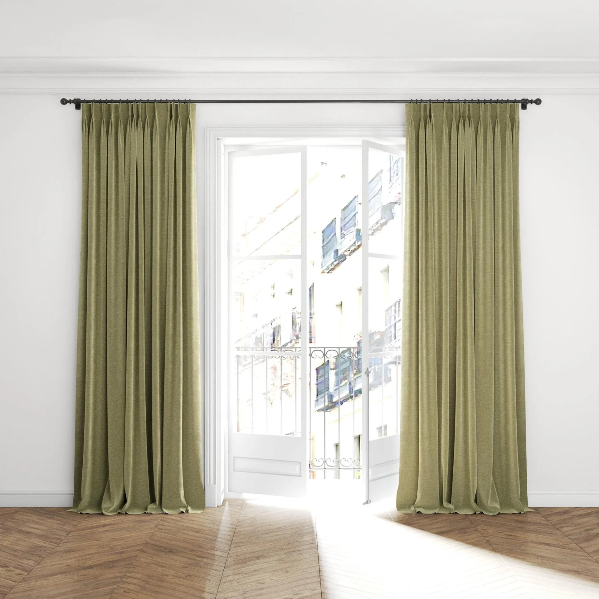 Full view of Geneva Thyme, puddled with pinch pleat, on curtain rod