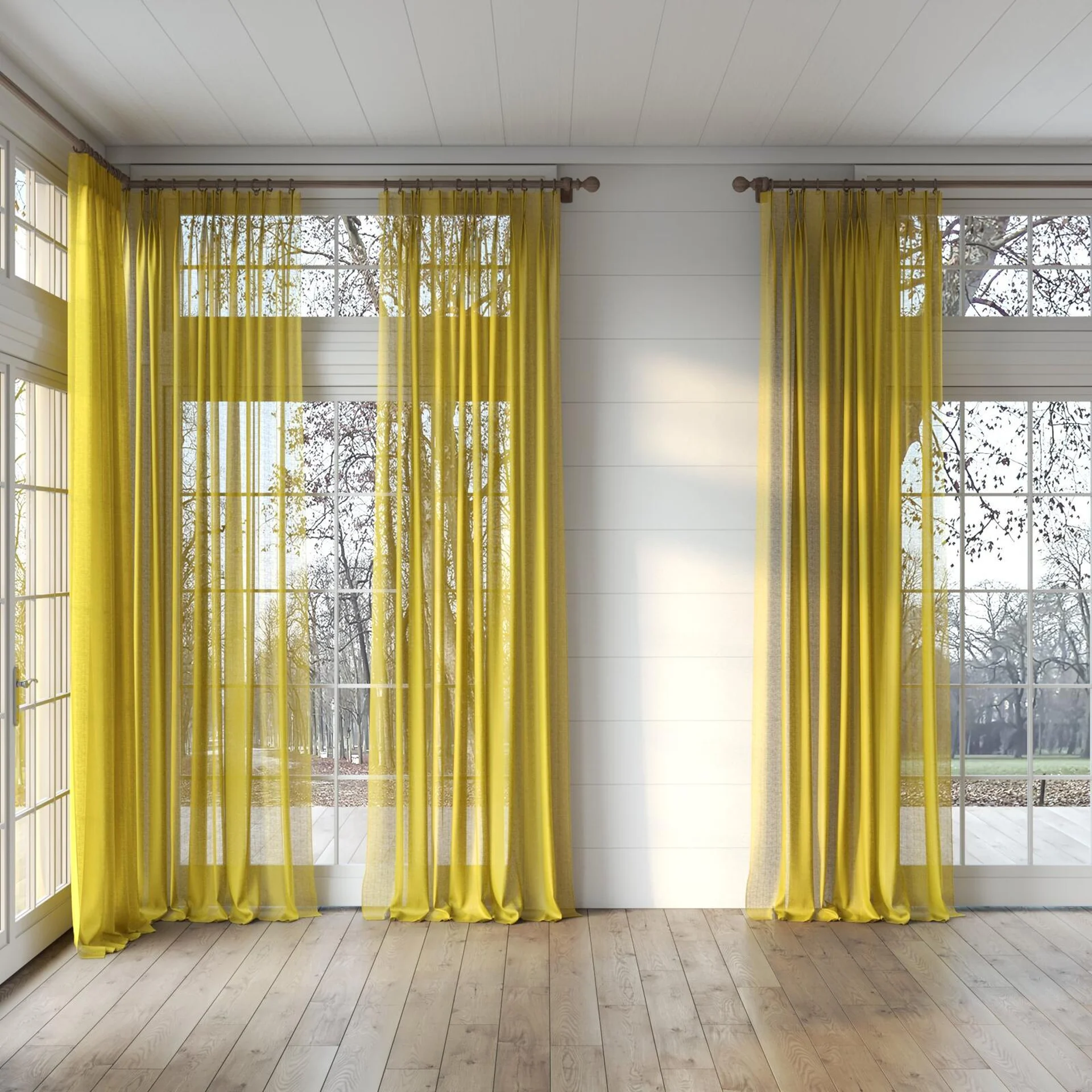 Full view of Kanso Stonewash Chartreuse, puddled, on curtain rod