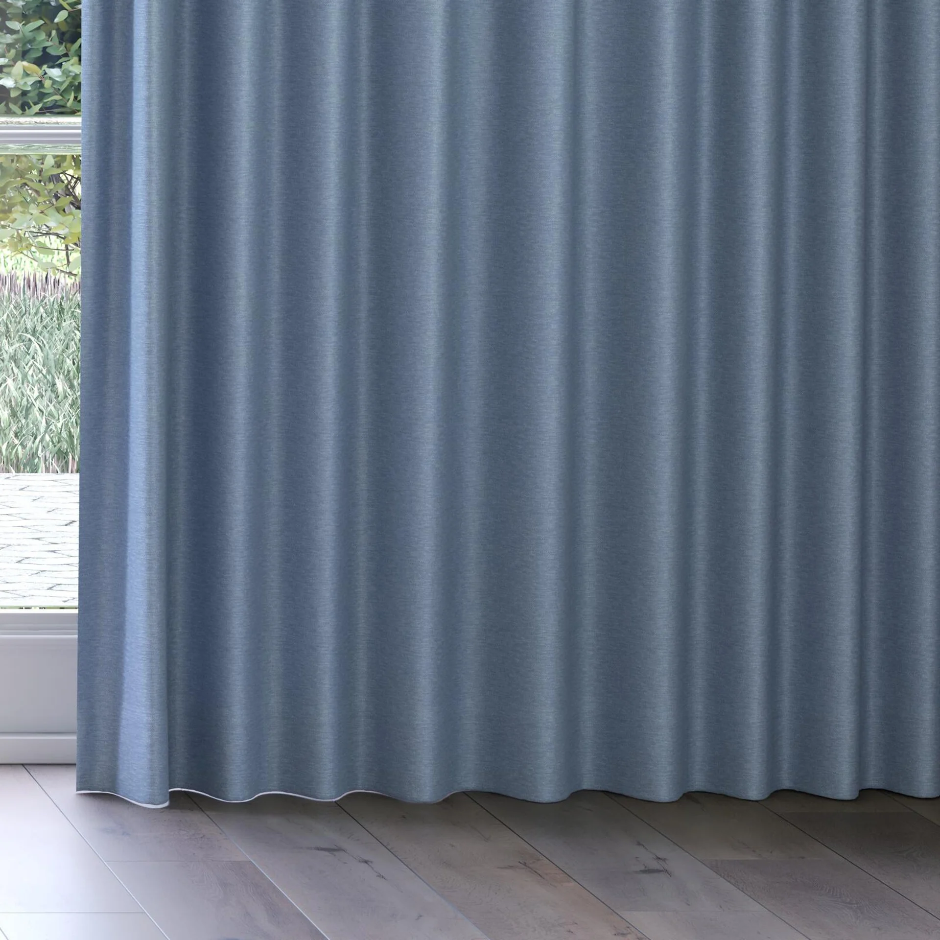 Bottom view of Colourwash Eco Denim, on curtain rail
