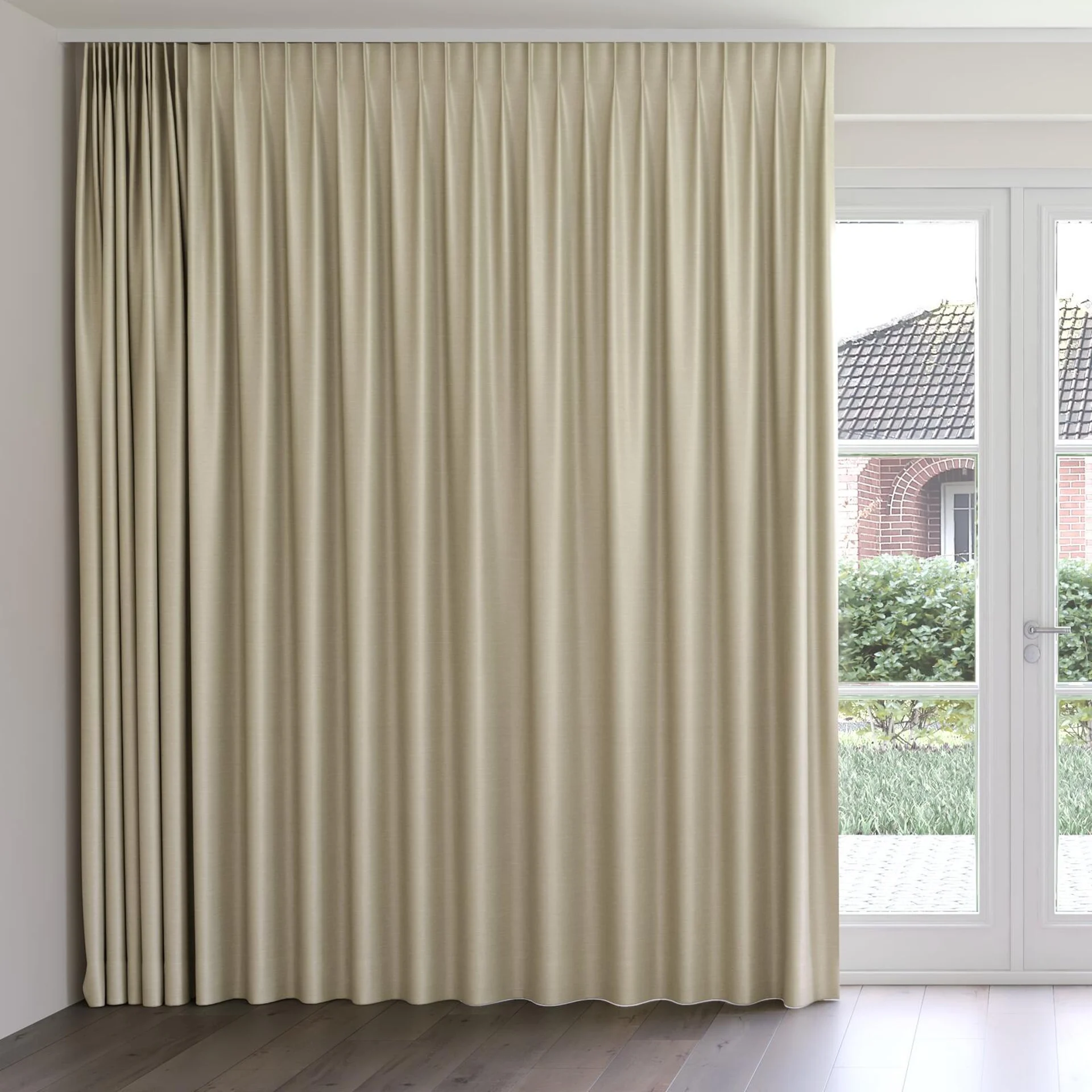 Front view of Silky Bean, on curtain rail