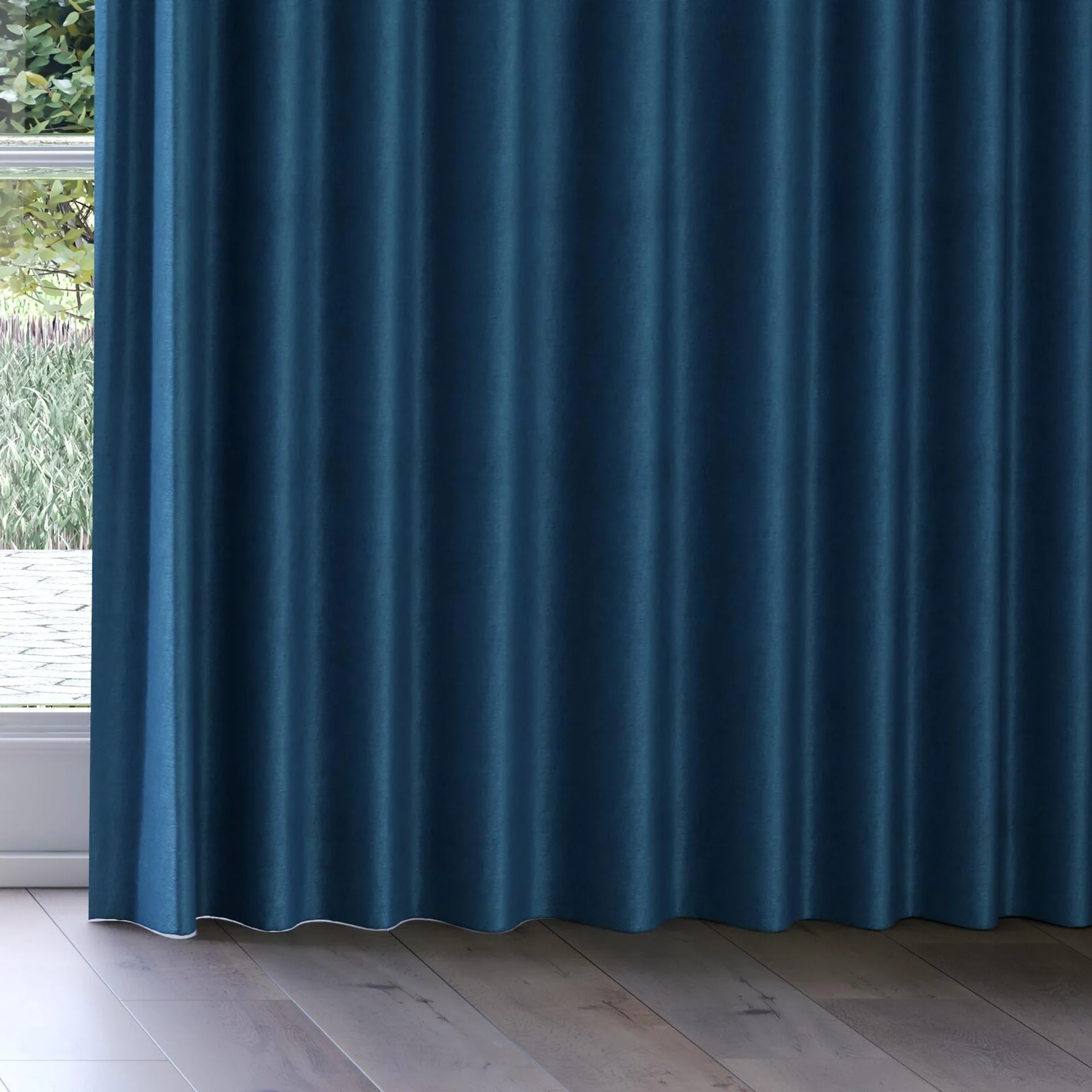 Bottom view of Baron Teal, on curtain rail