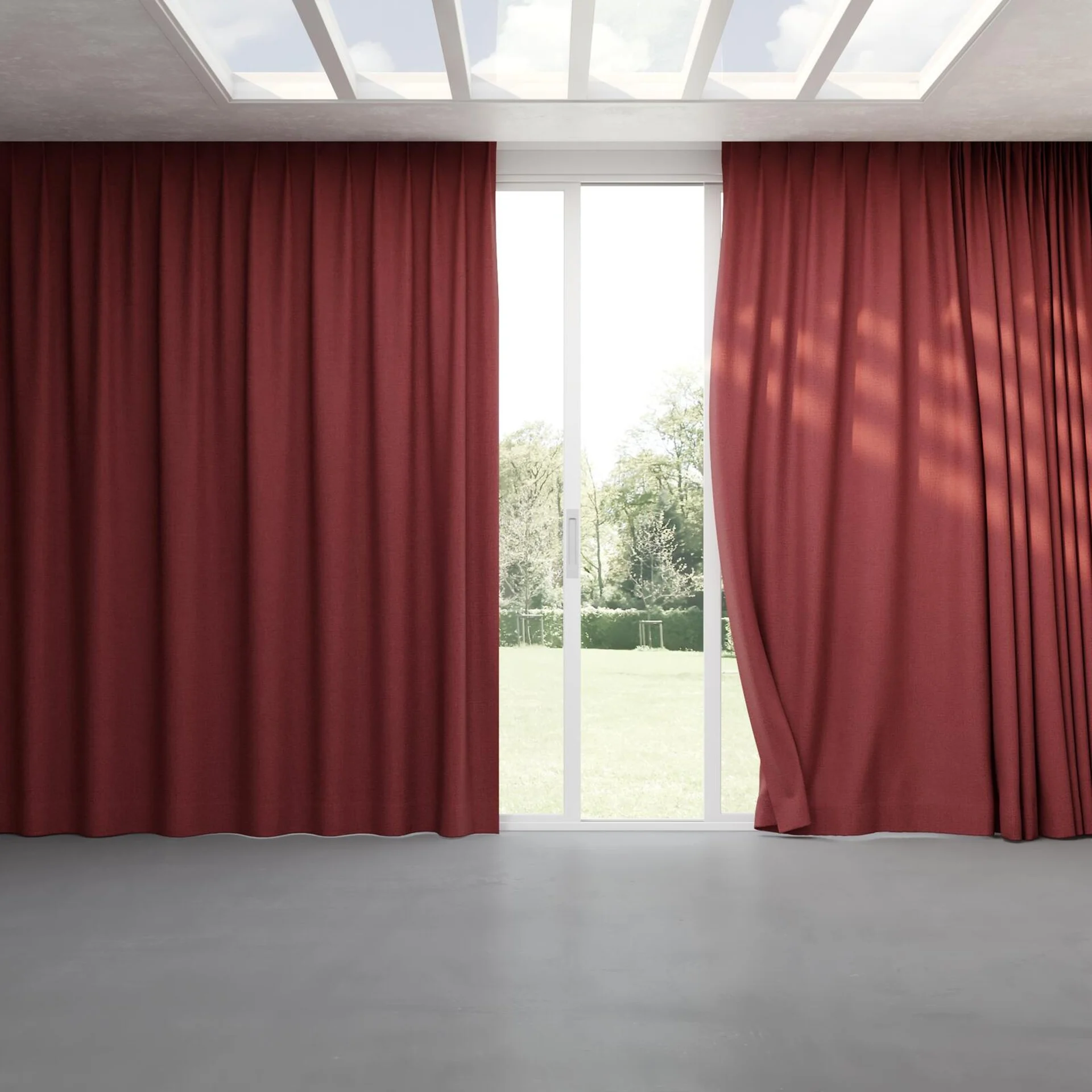 Full view of Planet Burgundy, pinch pleat