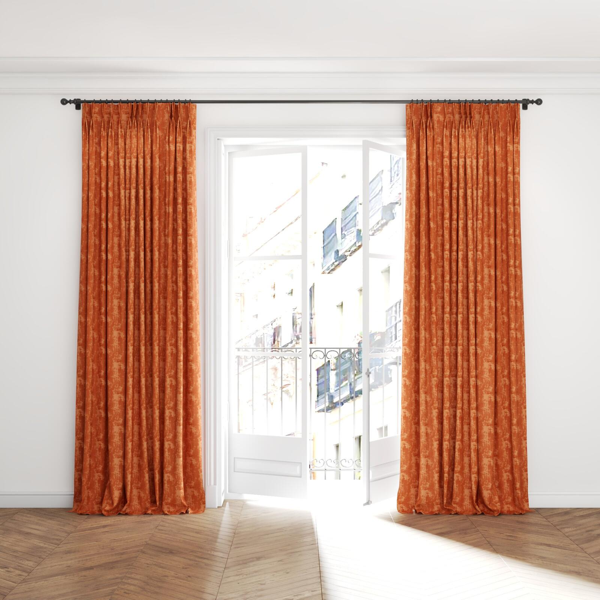 Full view of Innovation Rust, puddled with pinch pleat, on curtain rod