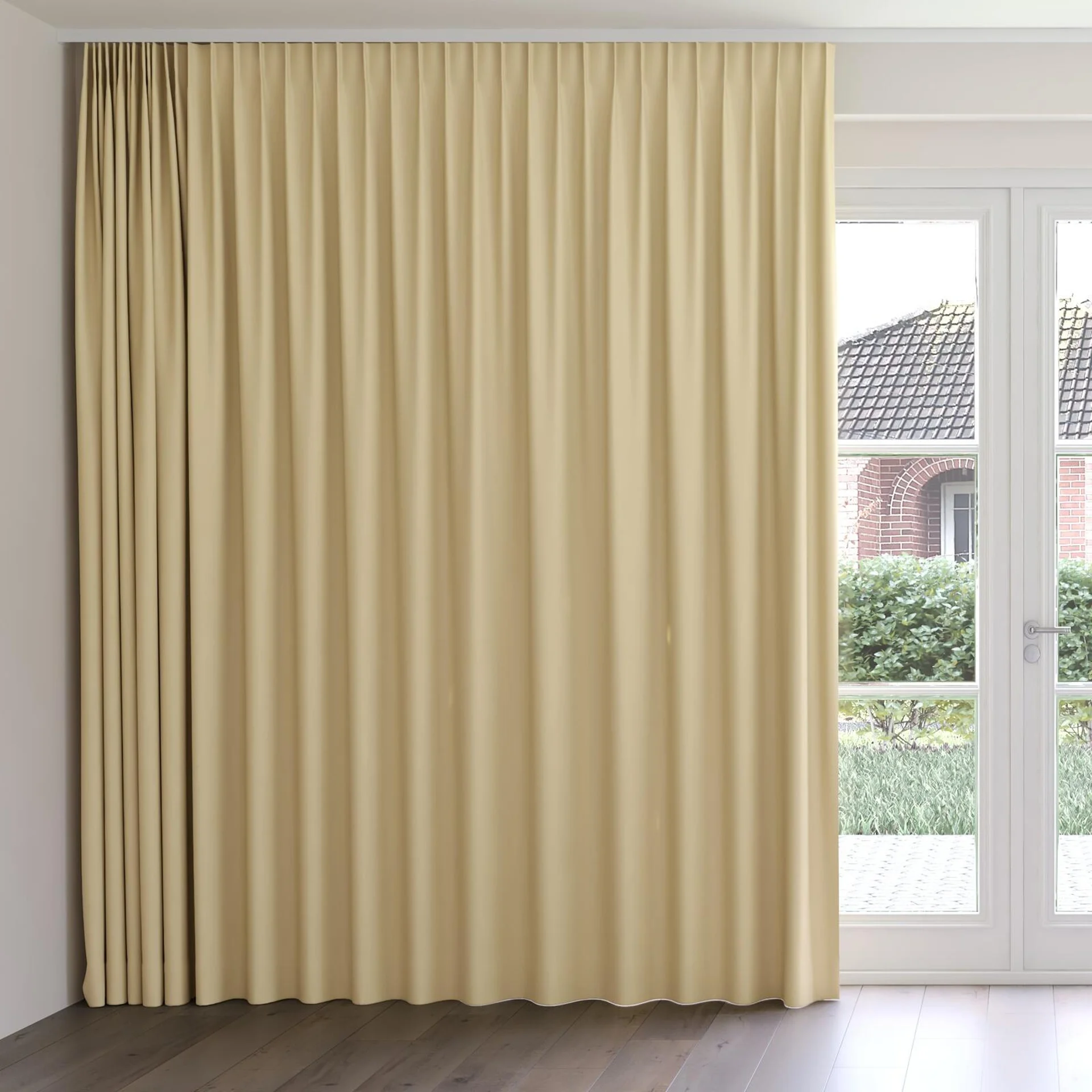 Front view of Vesta Raffia, on curtain rail