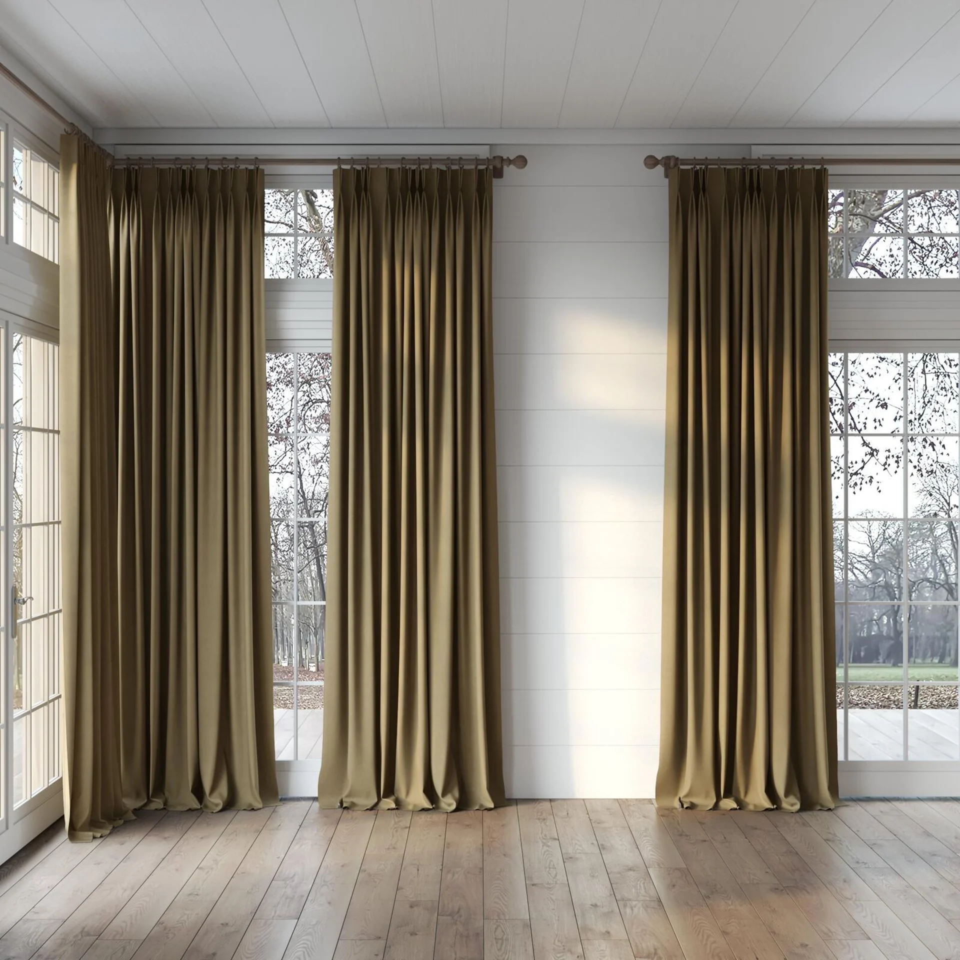 Full view of Lech Biscuit, puddled, on curtain rod