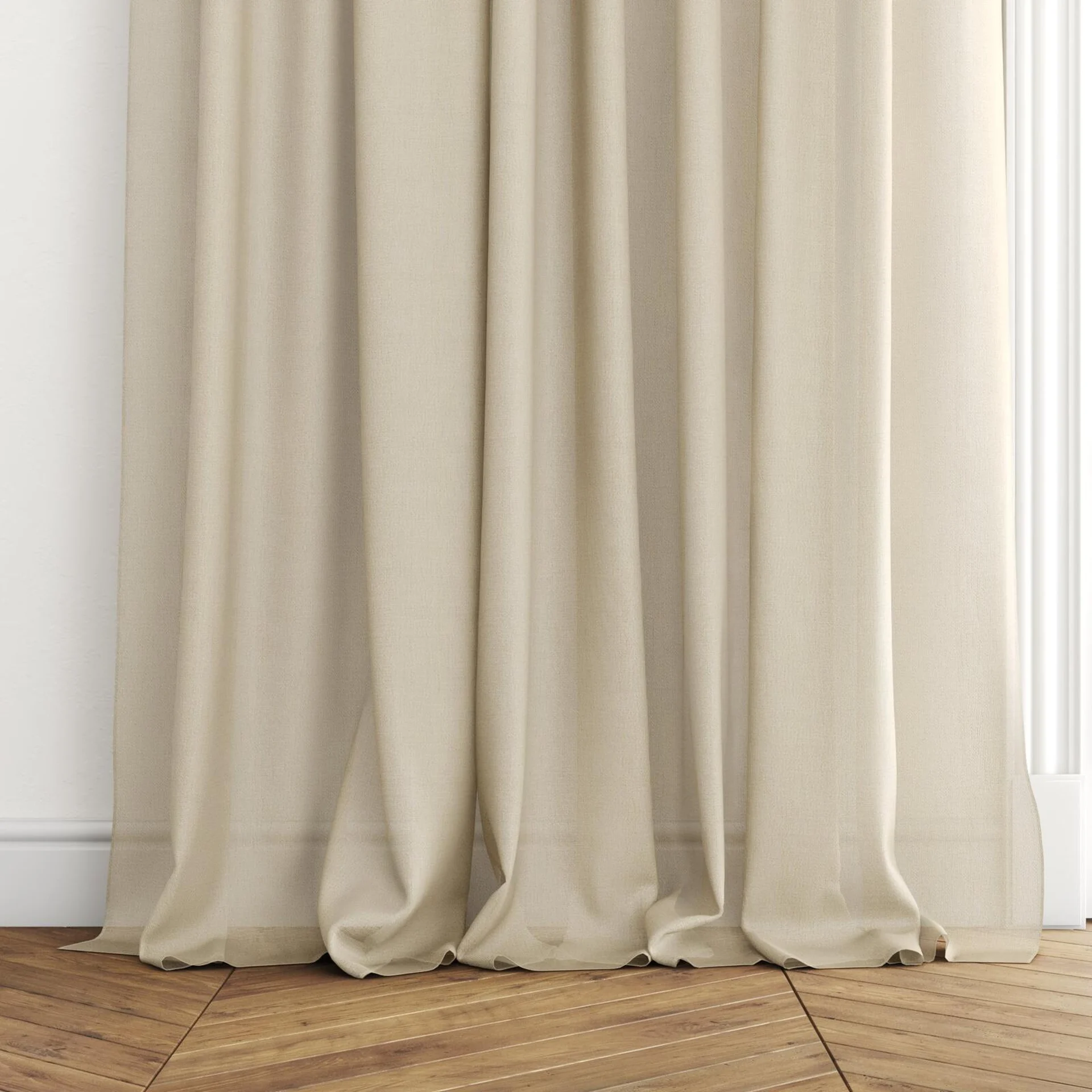 Bottom view of Jermian Gold, puddled with pinch pleat, on curtain rod
