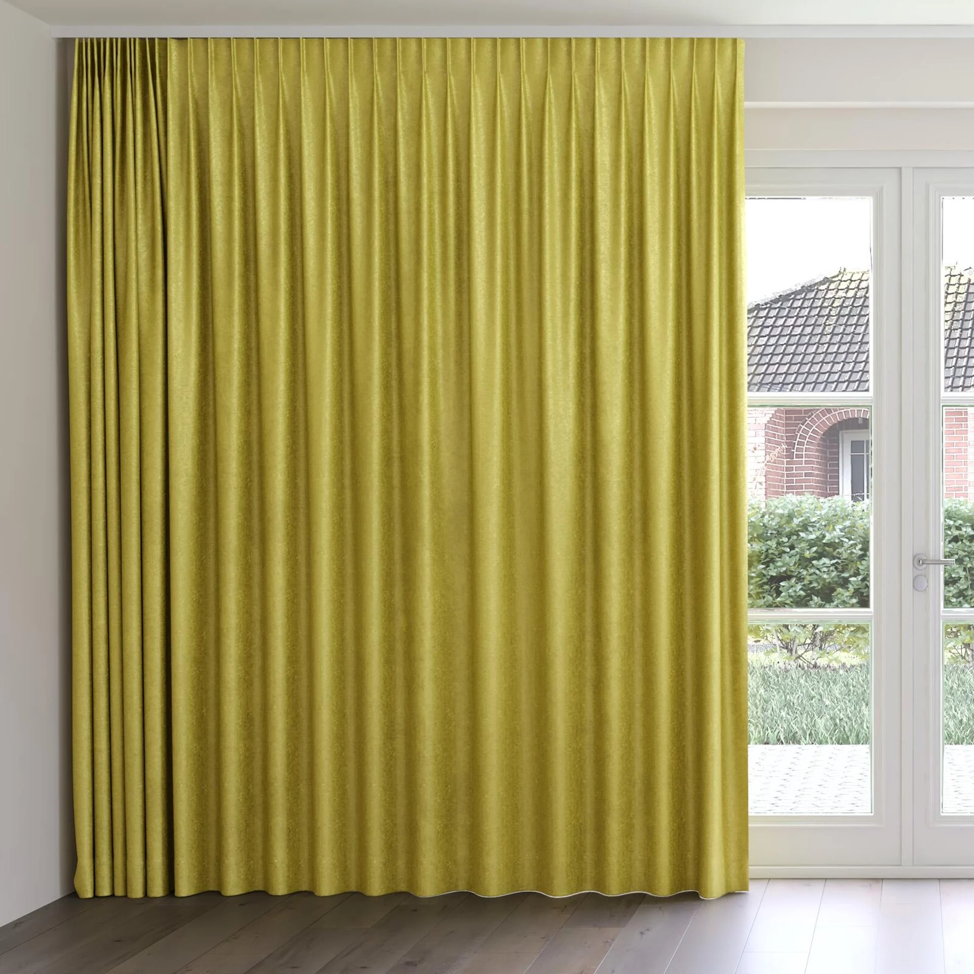 Front view of Hug Chartreuse, on curtain rail