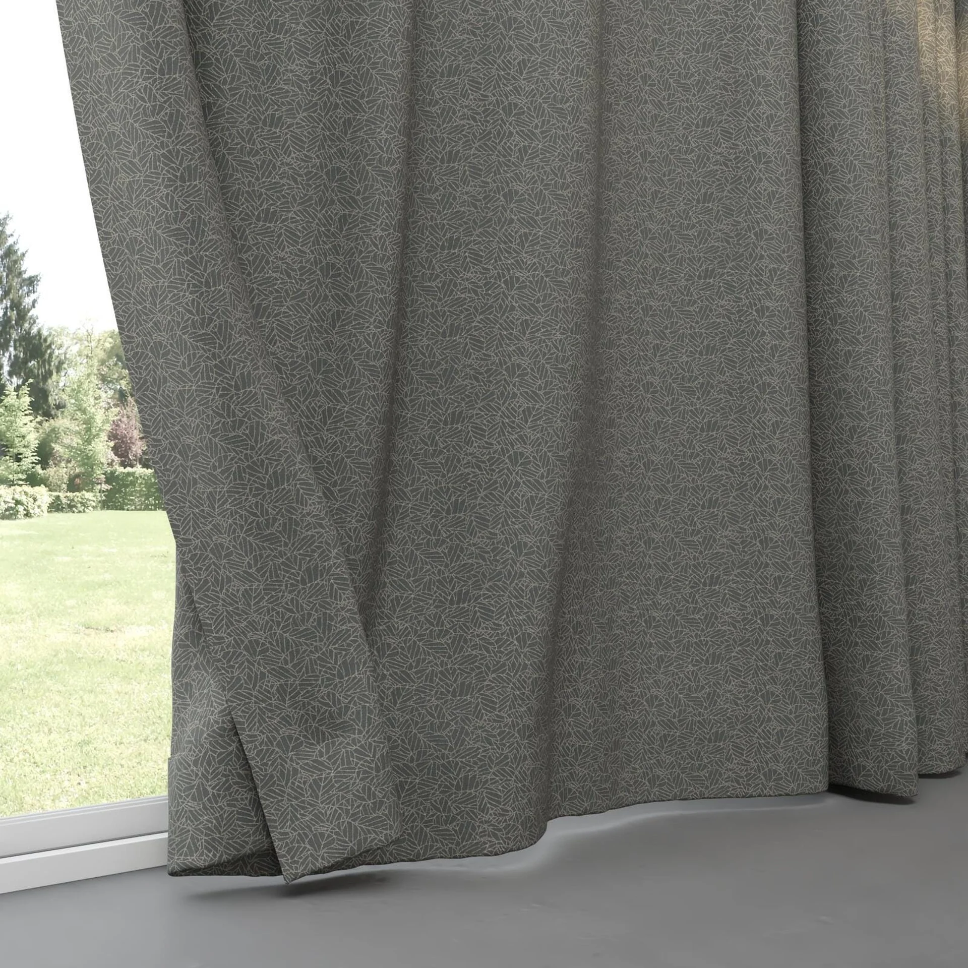 Bottom view of Laurel FR Blackout Smoke, pinch pleat