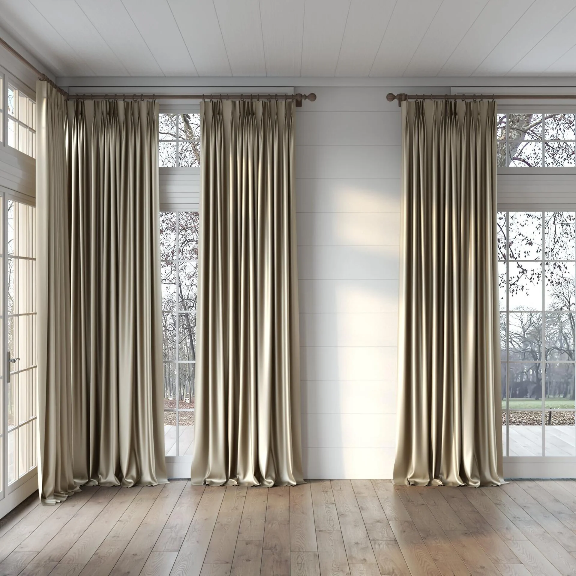 Full view of Moonbeam Funghi, puddled, on curtain rod