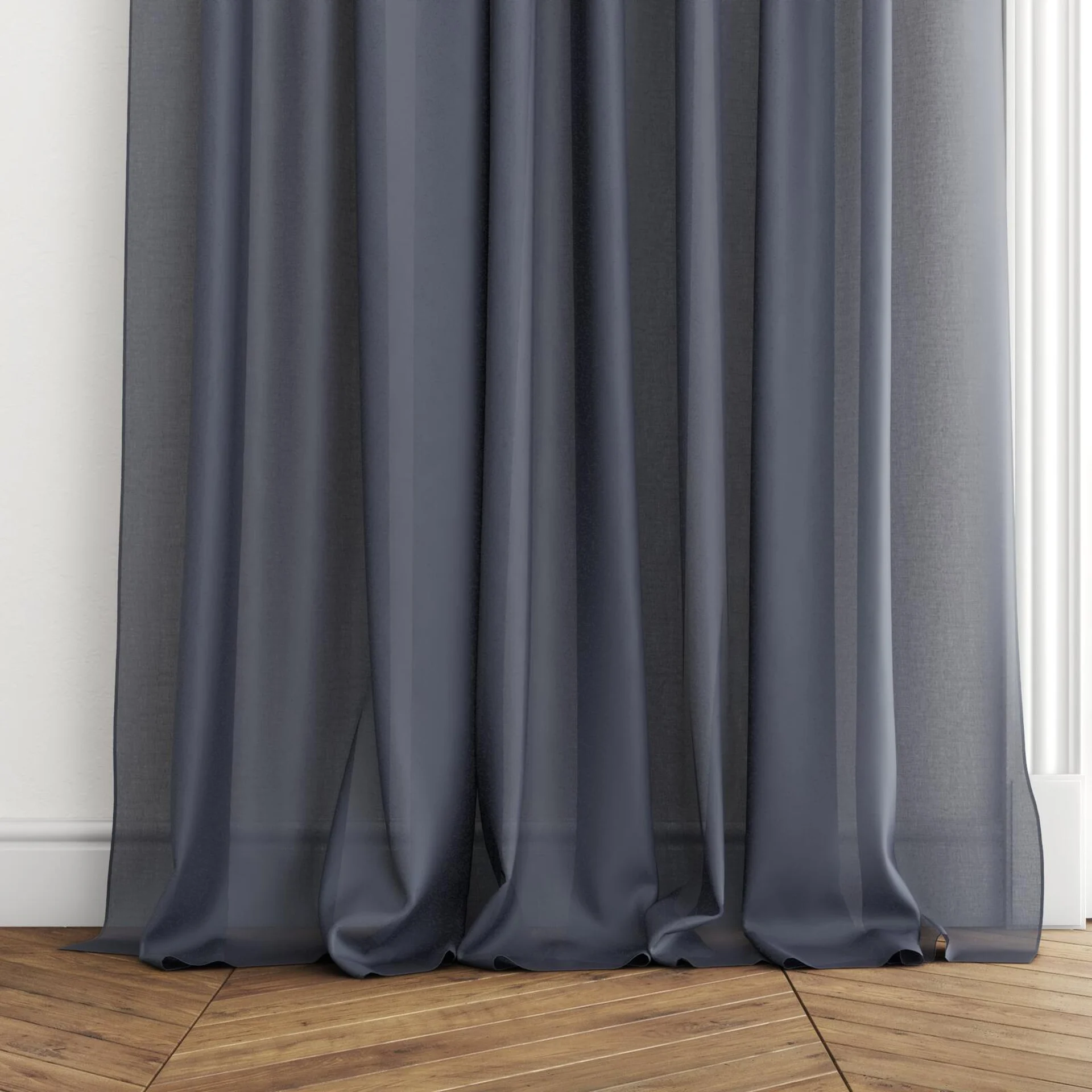 Bottom view of Zine Onyx, puddled with pinch pleat, on curtain rod