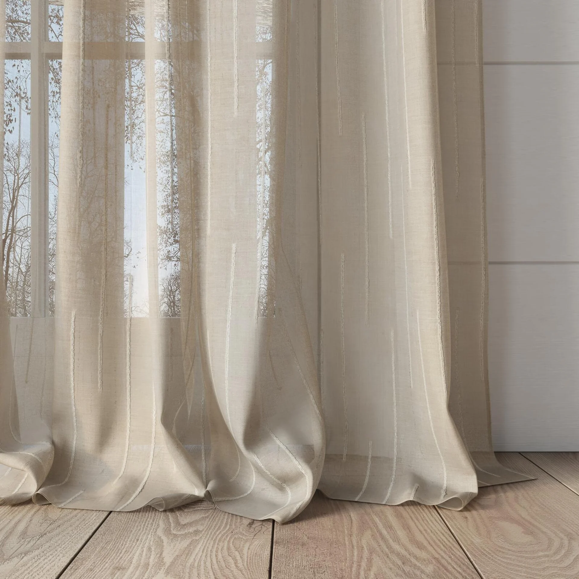 Bottom view of Salento Dune, puddled, on curtain rod