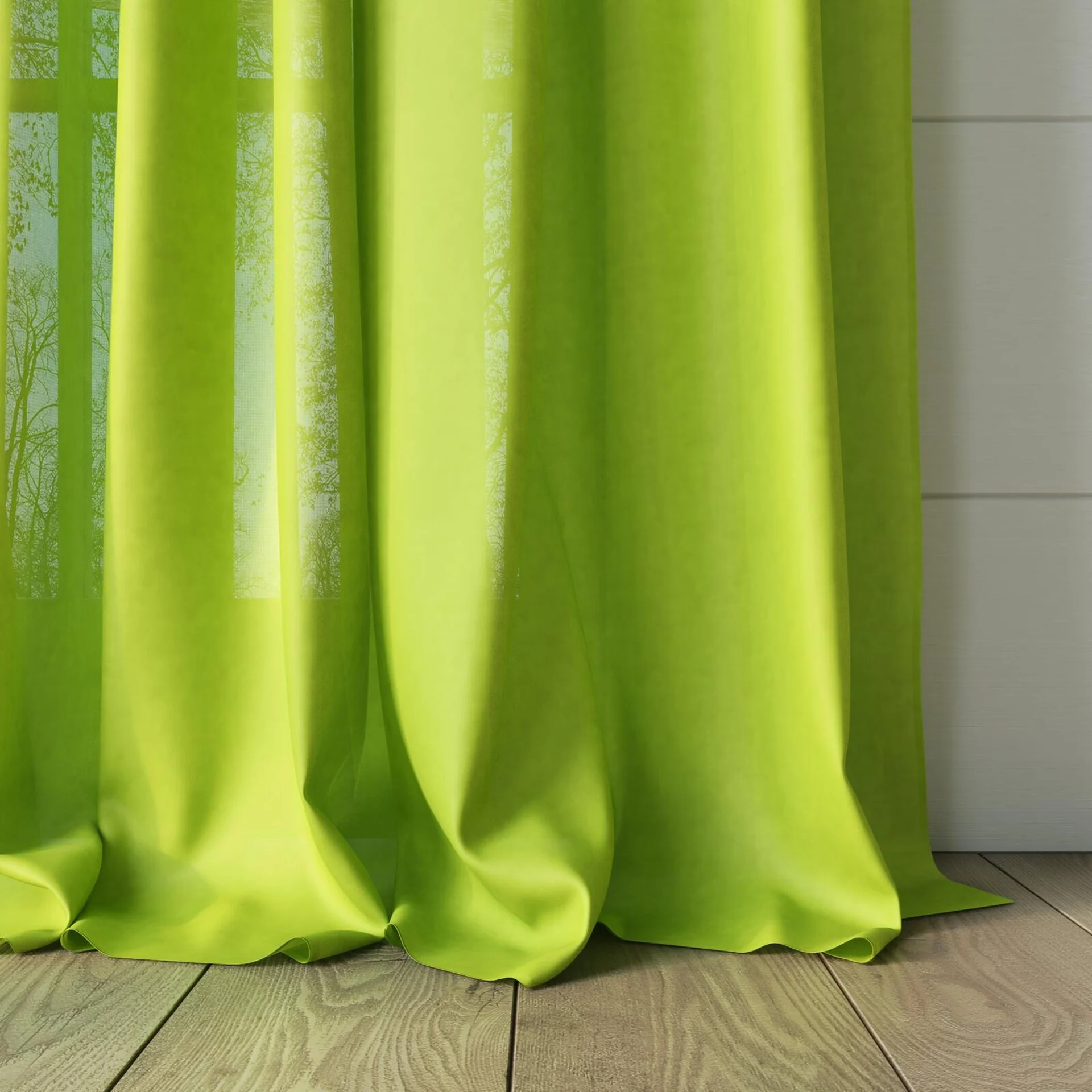 Bottom view of Flo II Lime, puddled, on curtain rod