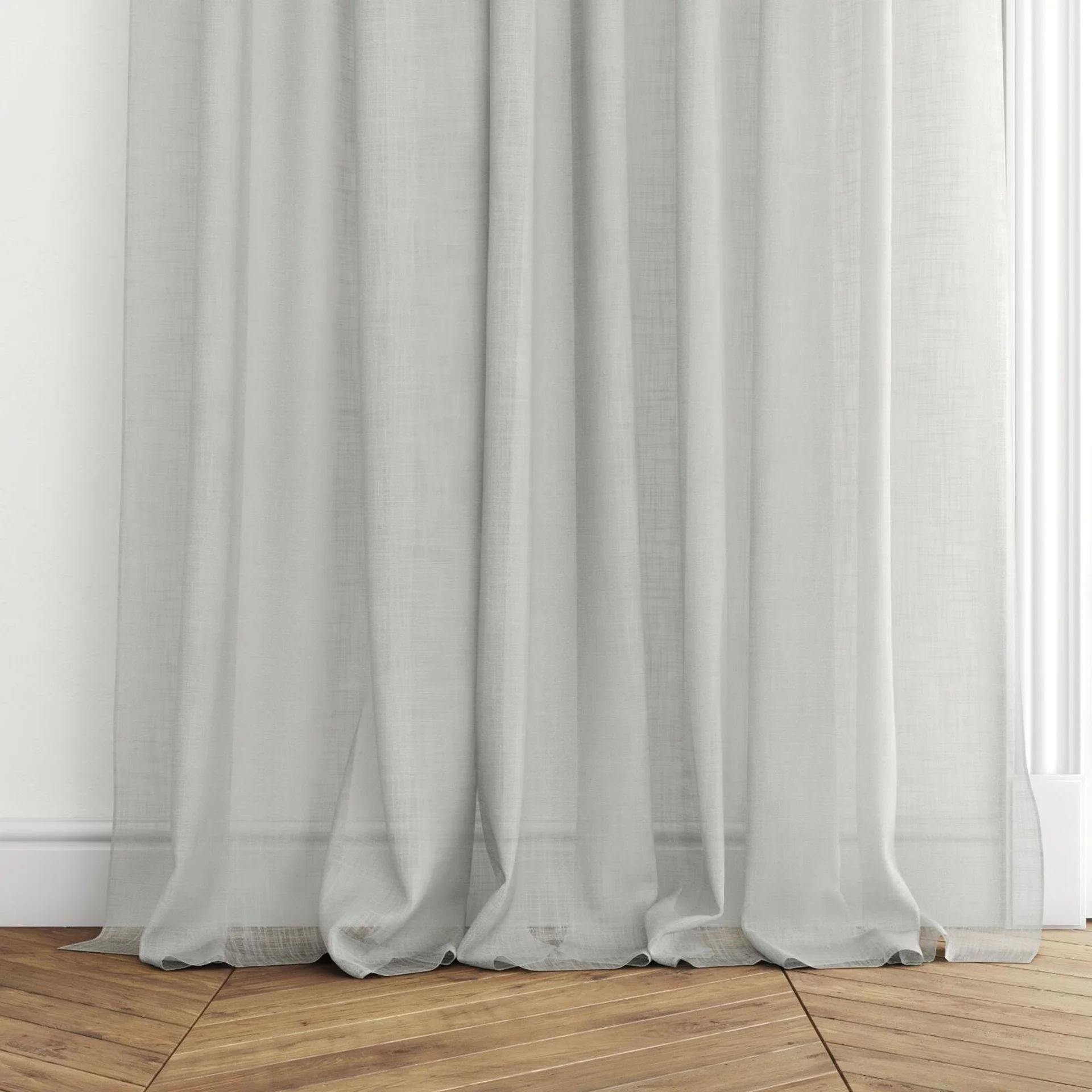 Bottom view of Coastal Pebble, puddled with pinch pleat, on curtain rod