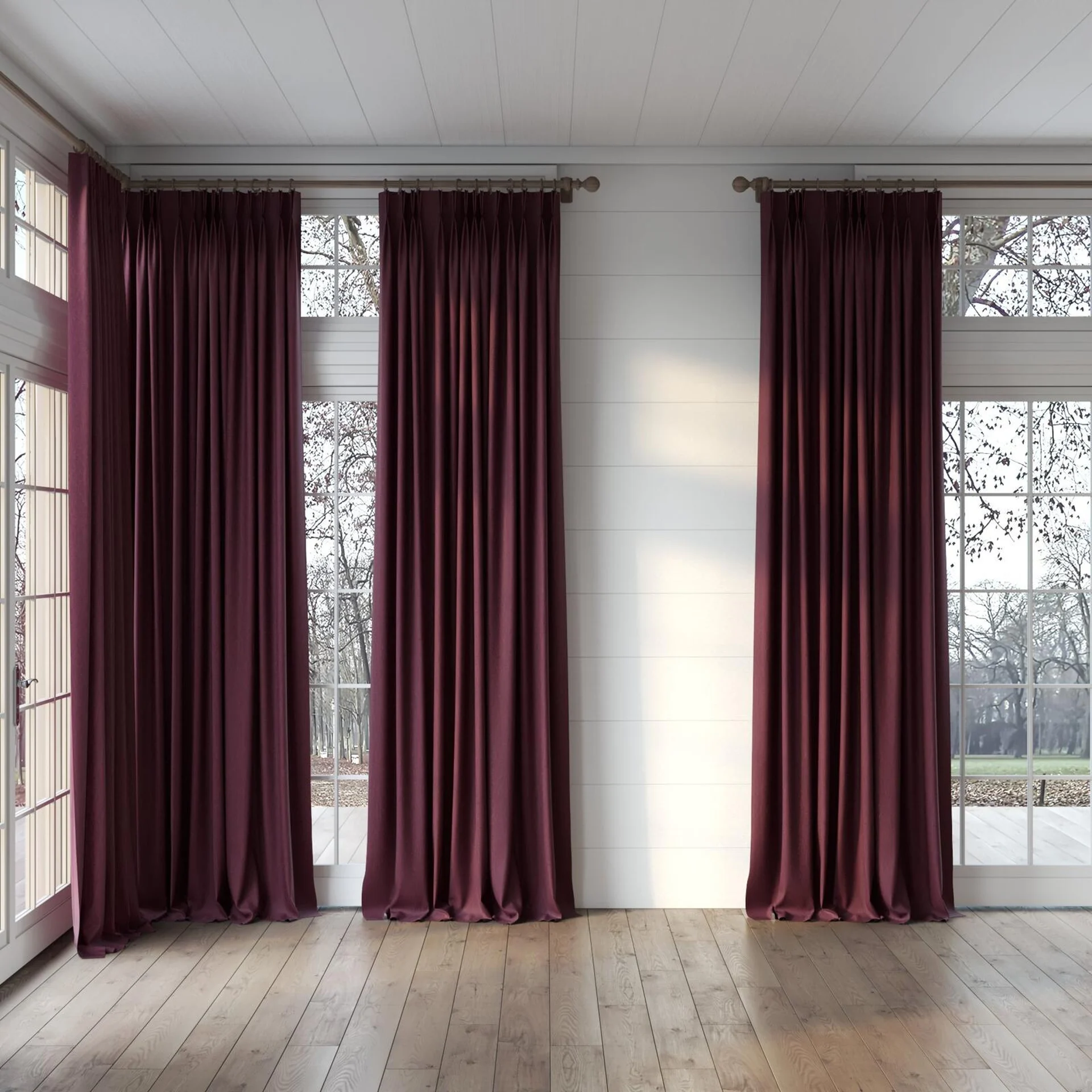 Full view of Tuxedo Burgundy, puddled, on curtain rod