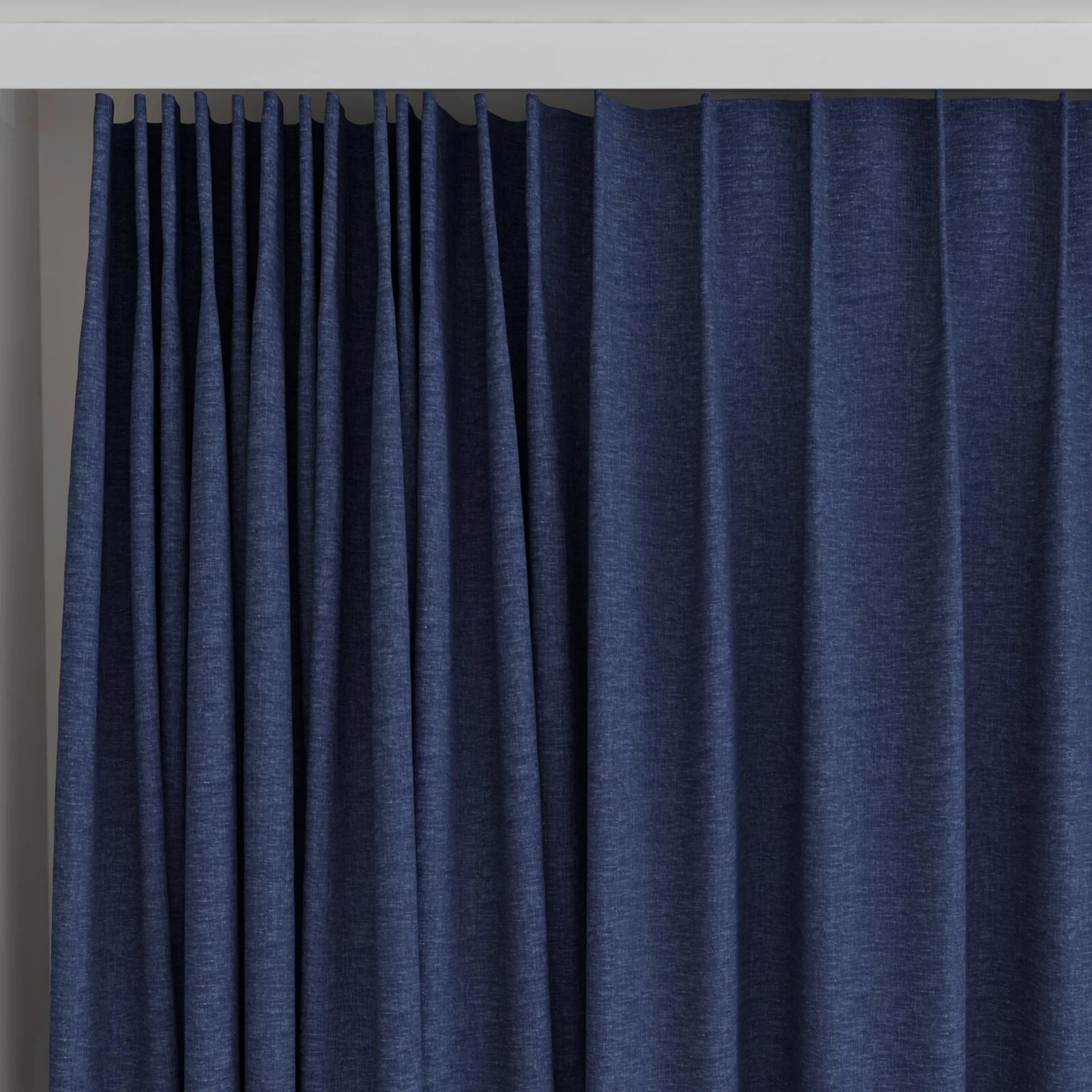 Top view of Coverlet Denim, on curtain rail