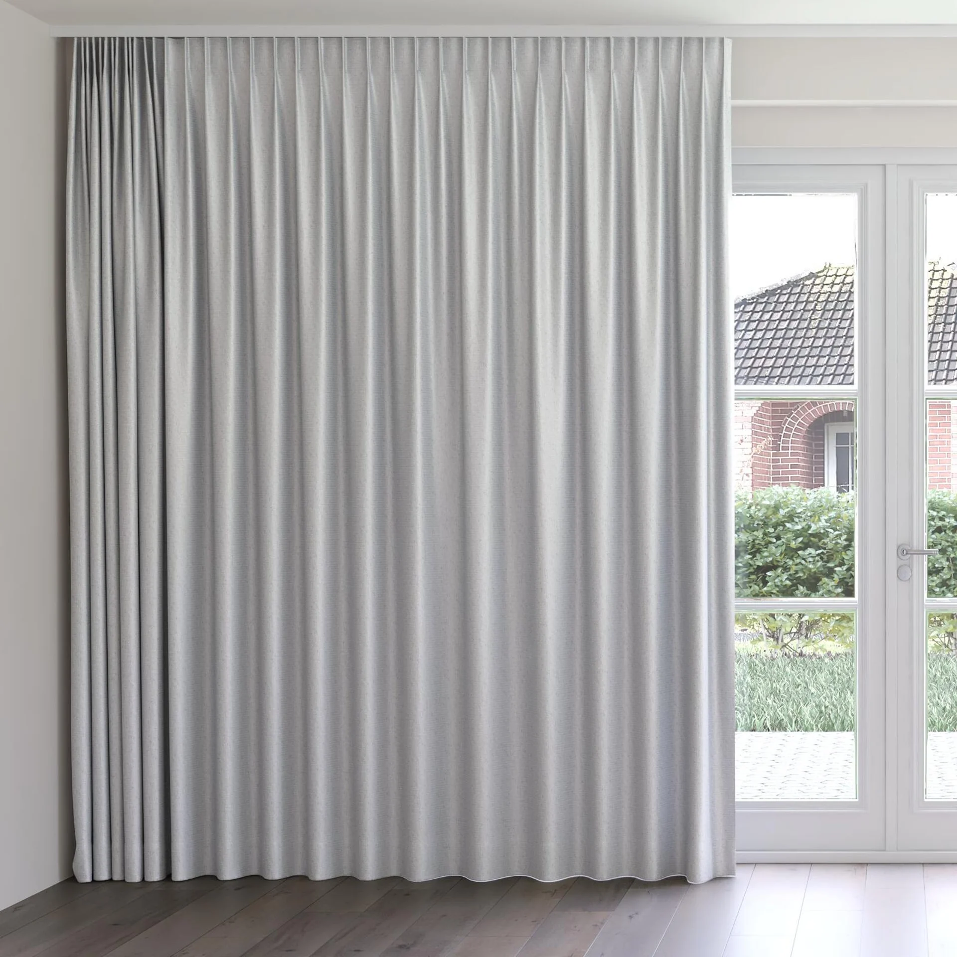 Front view of Kennedy II Blackout Oyster, on curtain rail