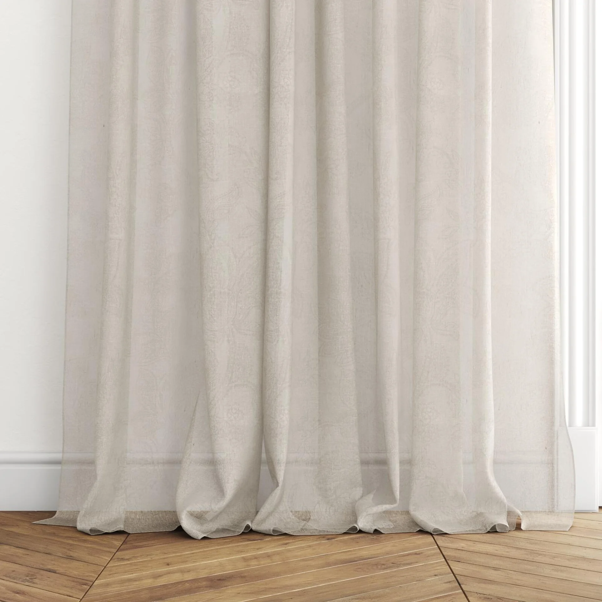 Bottom view of Savona Dune, puddled with pinch pleat, on curtain rod