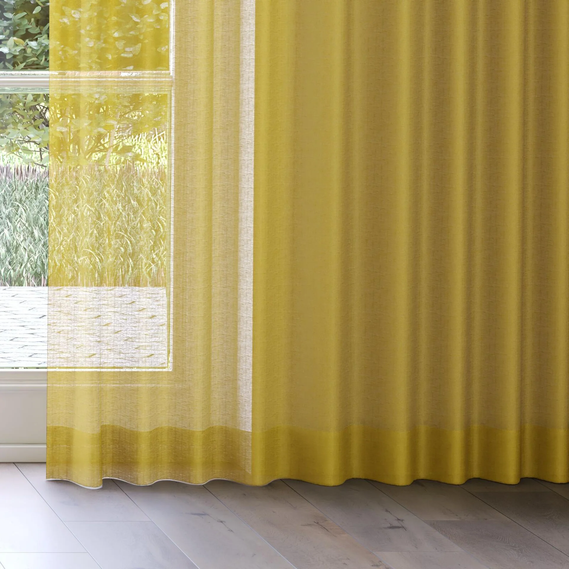 Bottom view of Kanso Stonewash Chartreuse, on curtain rail
