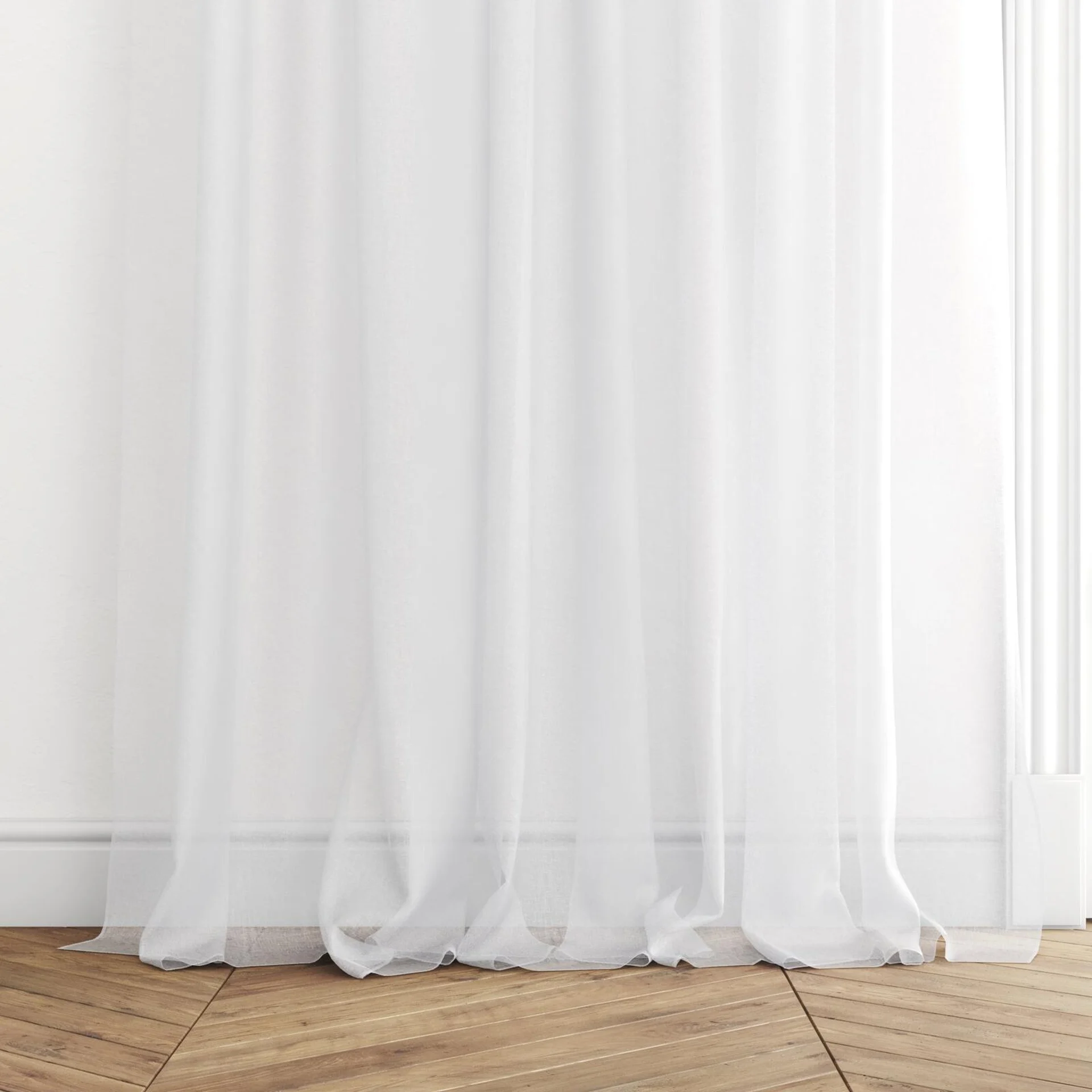 Bottom view of Reverie Snow, puddled with pinch pleat, on curtain rod