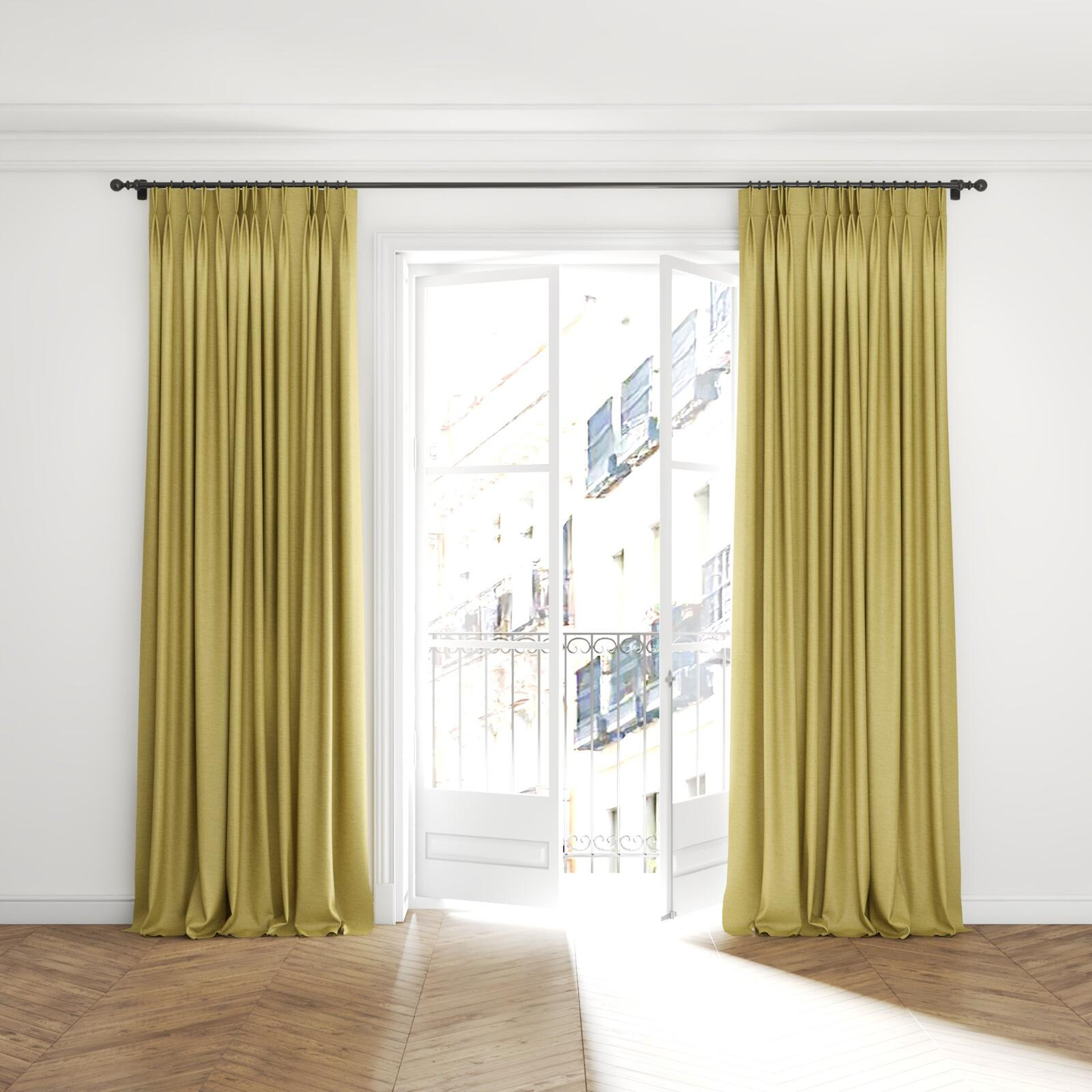 Full view of Bravo Pineapple, puddled with pinch pleat, on curtain rod