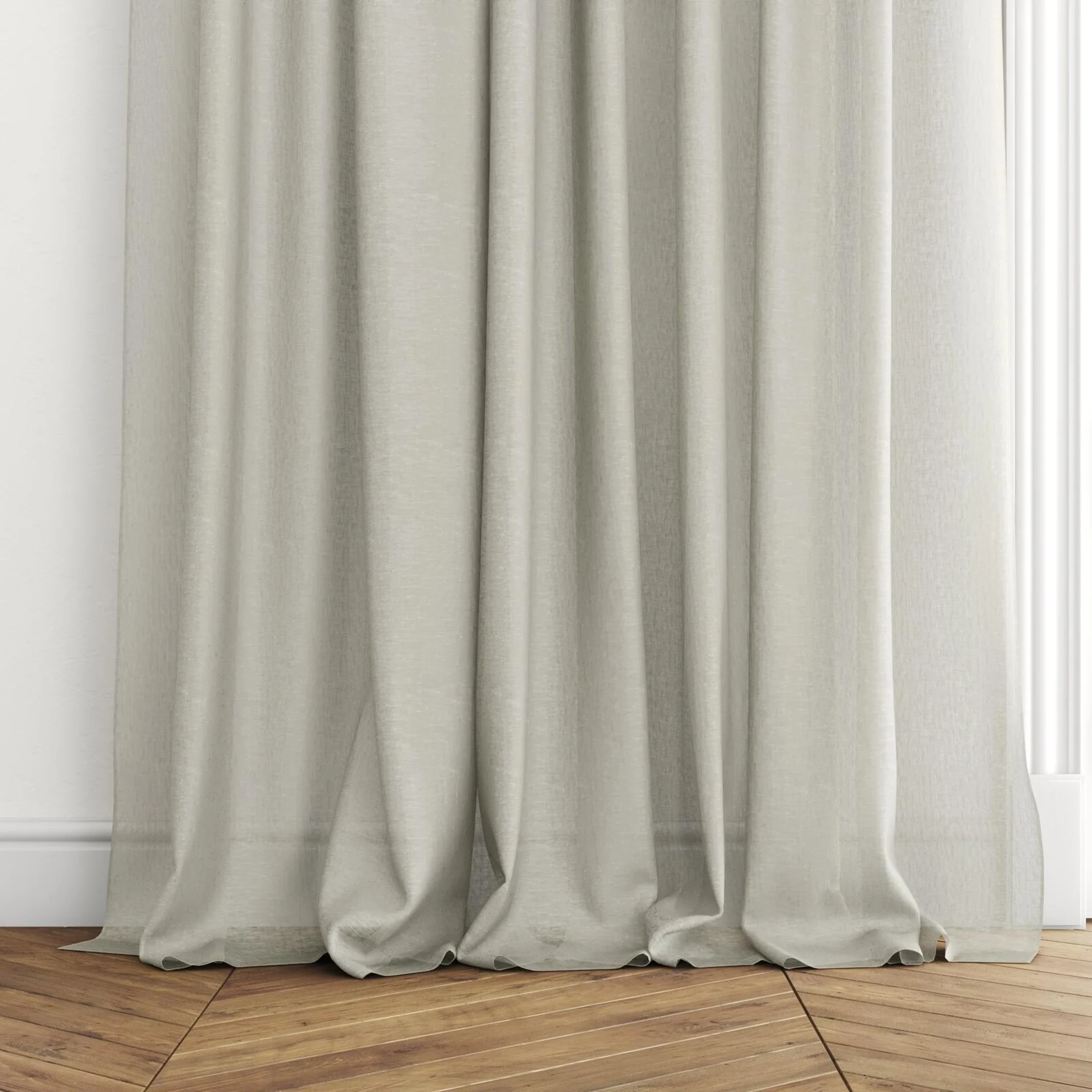 Bottom view of Laconia Air Willow, puddled with pinch pleat, on curtain rod