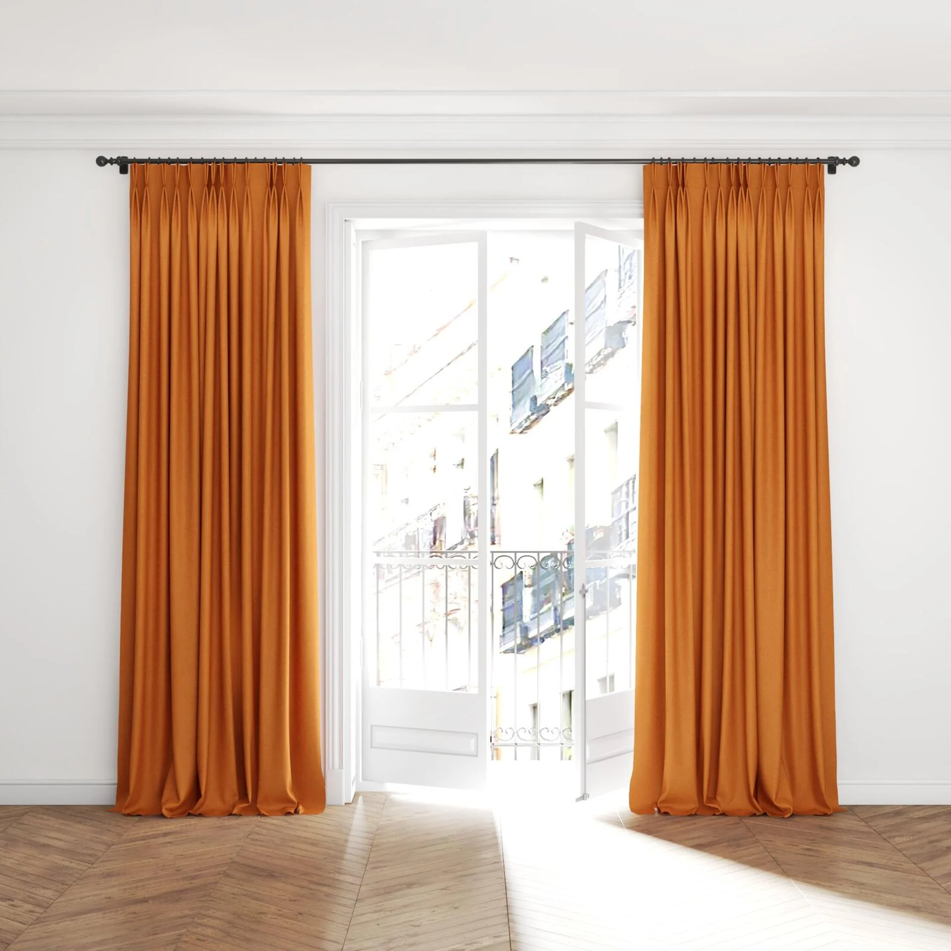 Full view of Casual Carrot, puddled with pinch pleat, on curtain rod