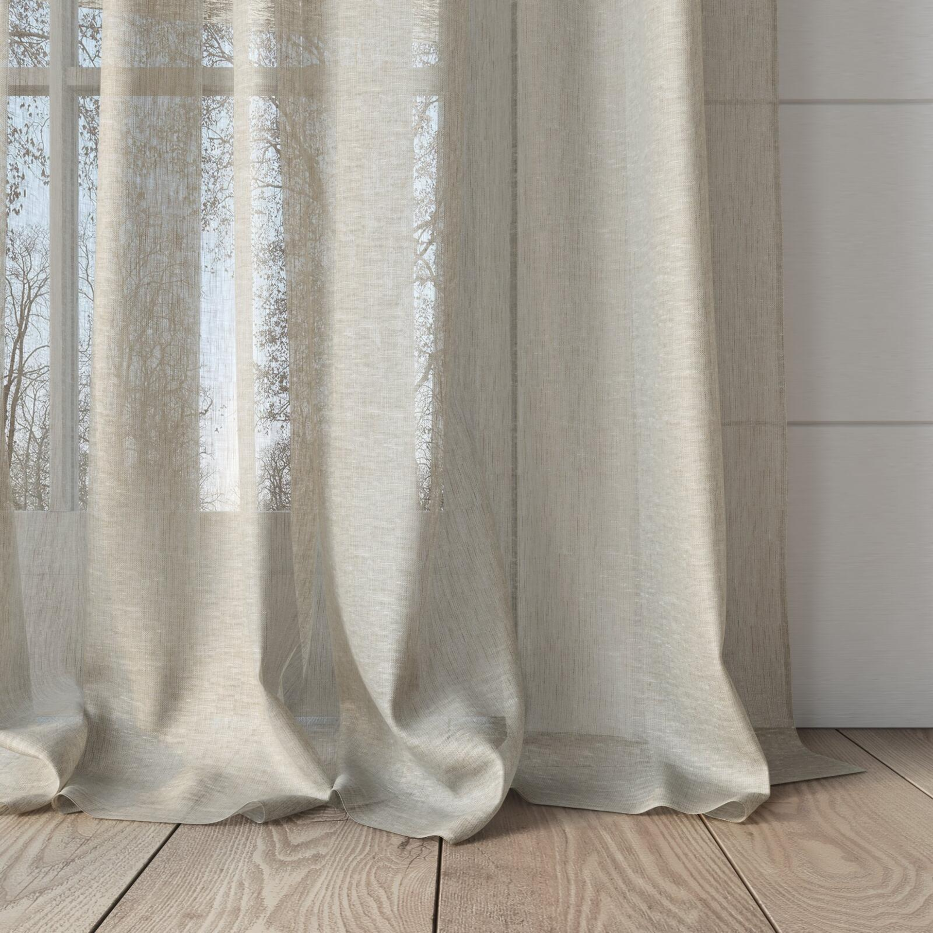 Bottom view of Lumiere Linen, puddled, on curtain rod