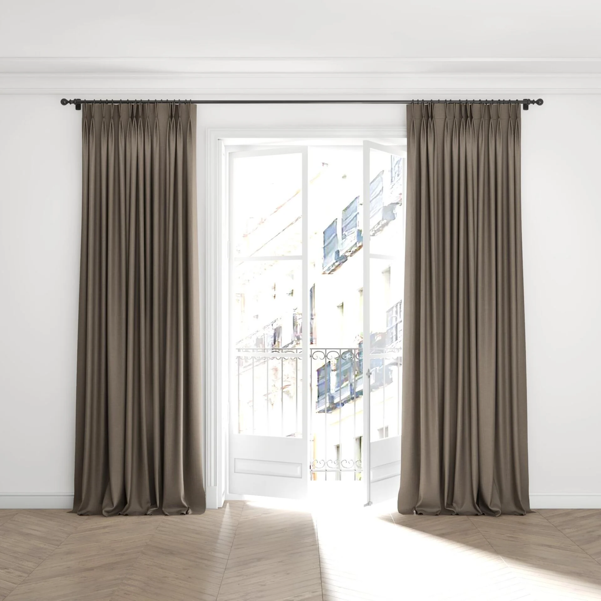Full view of Casual Beaver, puddled with pinch pleat, on curtain rod