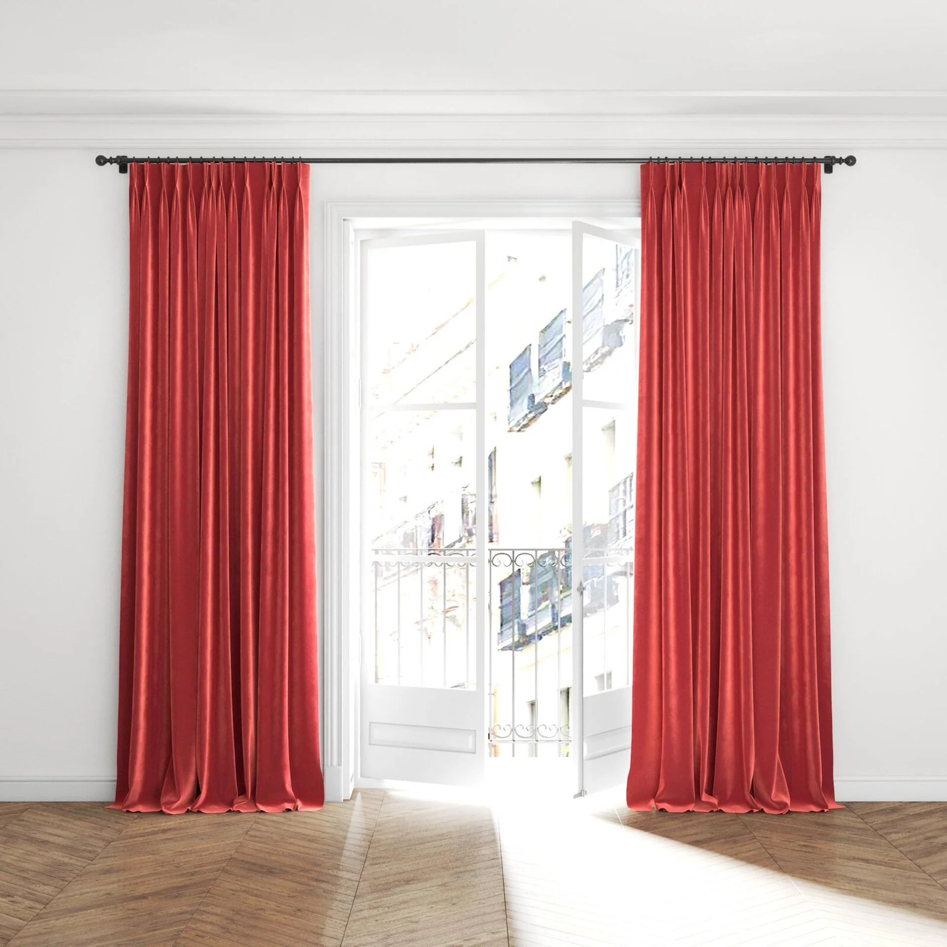 Full view of Velvelux Lollipop, puddled with pinch pleat, on curtain rod