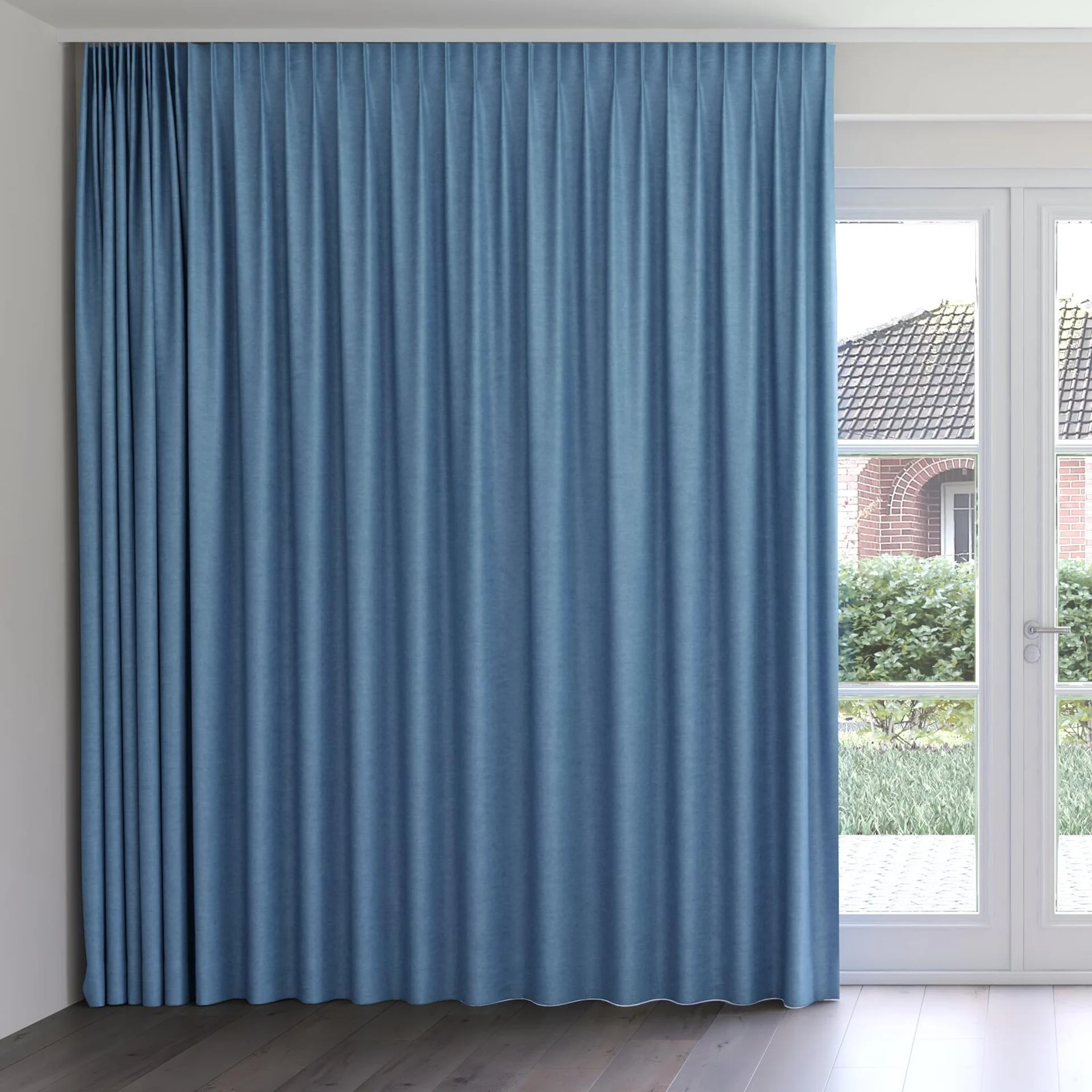 Front view of Colourwash Cobalt, on curtain rail